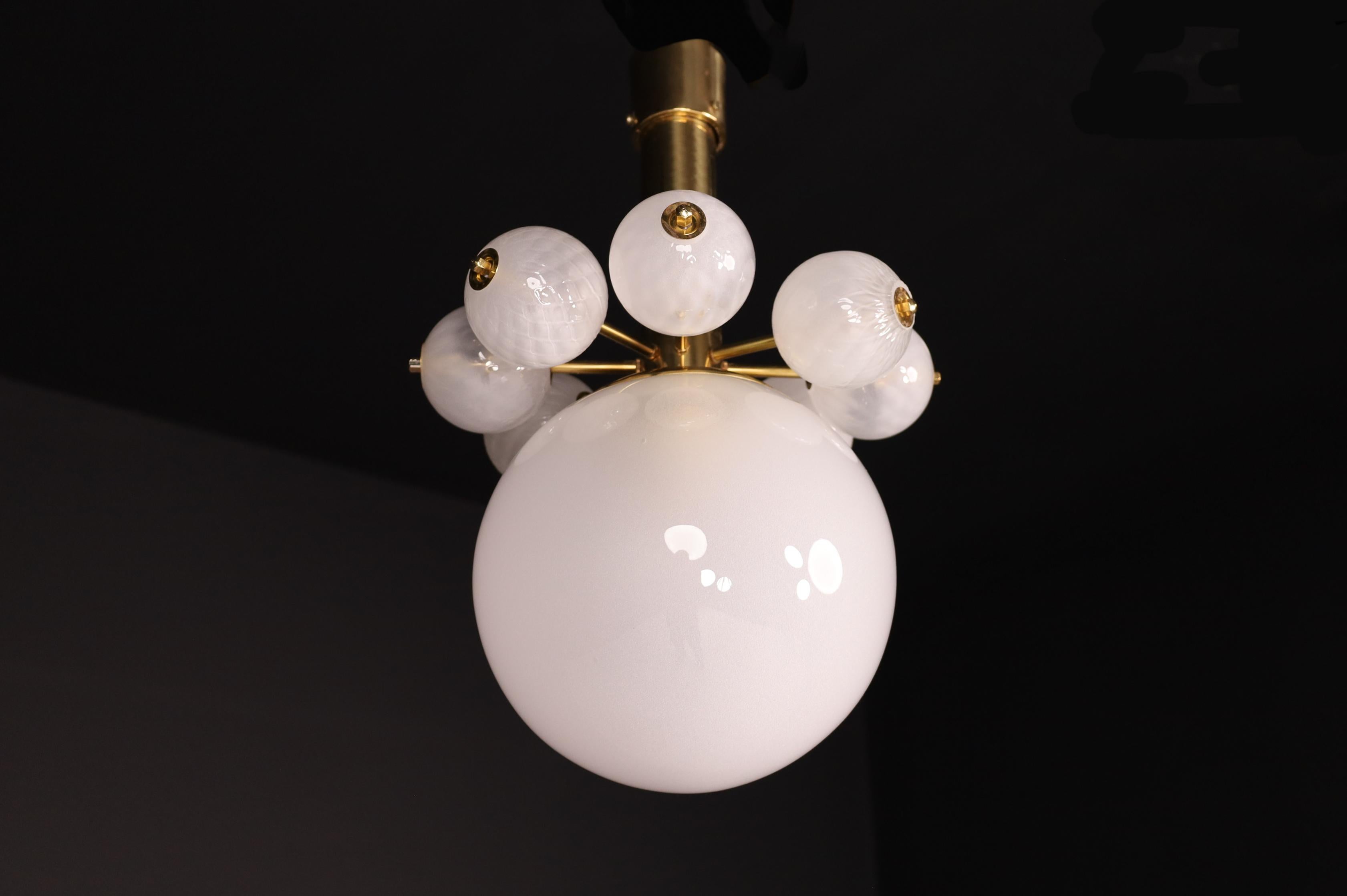 Large Set Chandeliers with Brass Fixture and Hand-Blowed Frosted Glass Globes For Sale 1