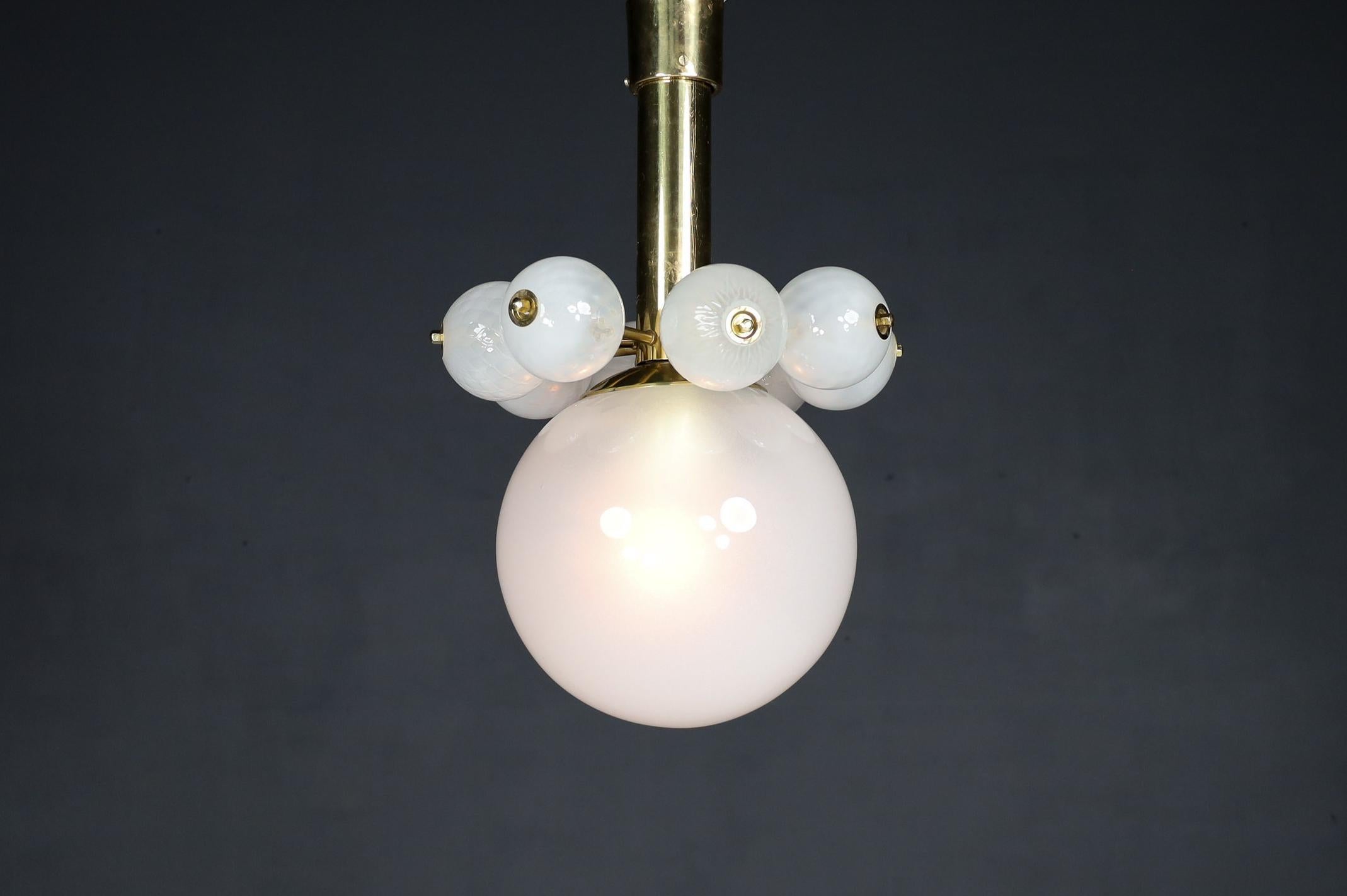 Large Set Chandeliers with Brass Fixture and Hand-Blowed Frosted Glass Globes For Sale 3