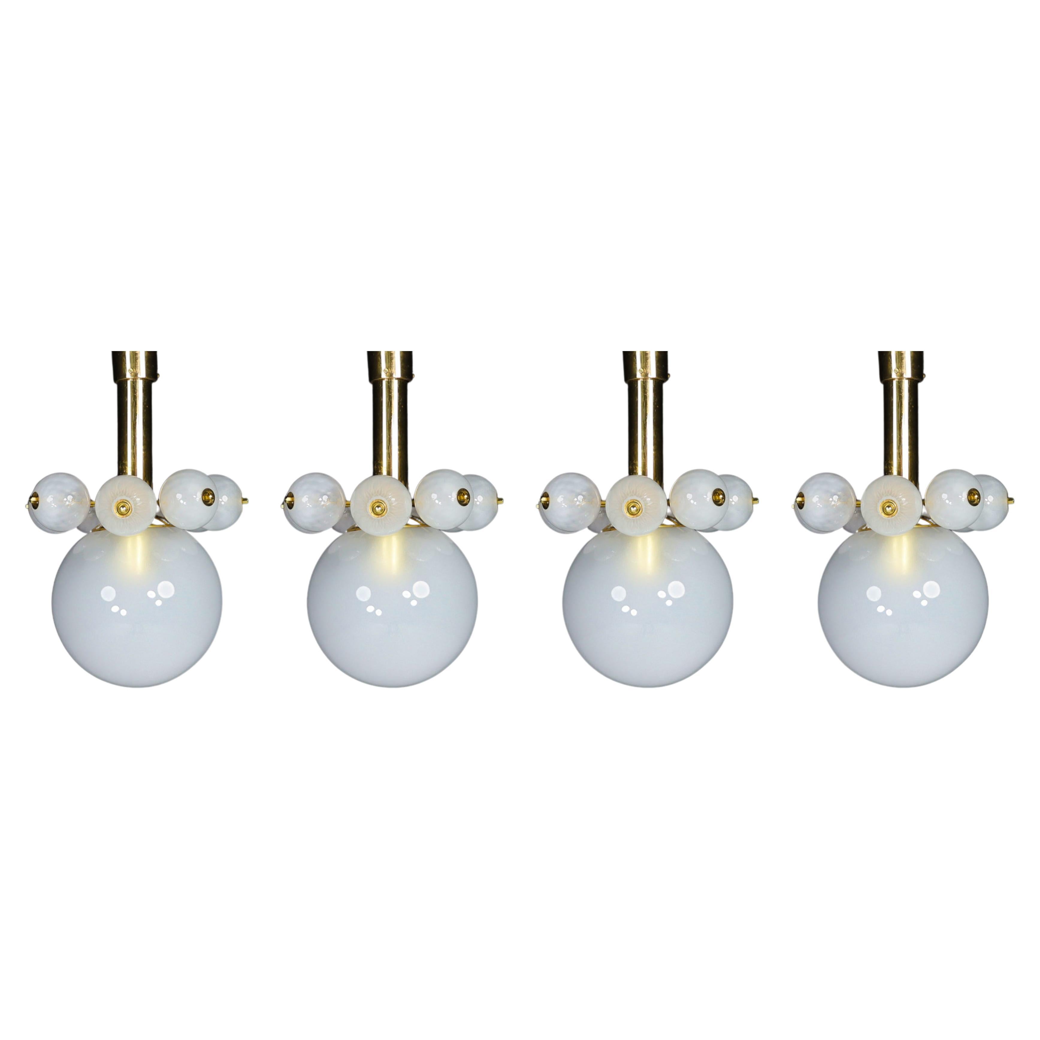 Large Set Chandeliers with Brass Fixture and Hand-Blowed Frosted Glass Globes