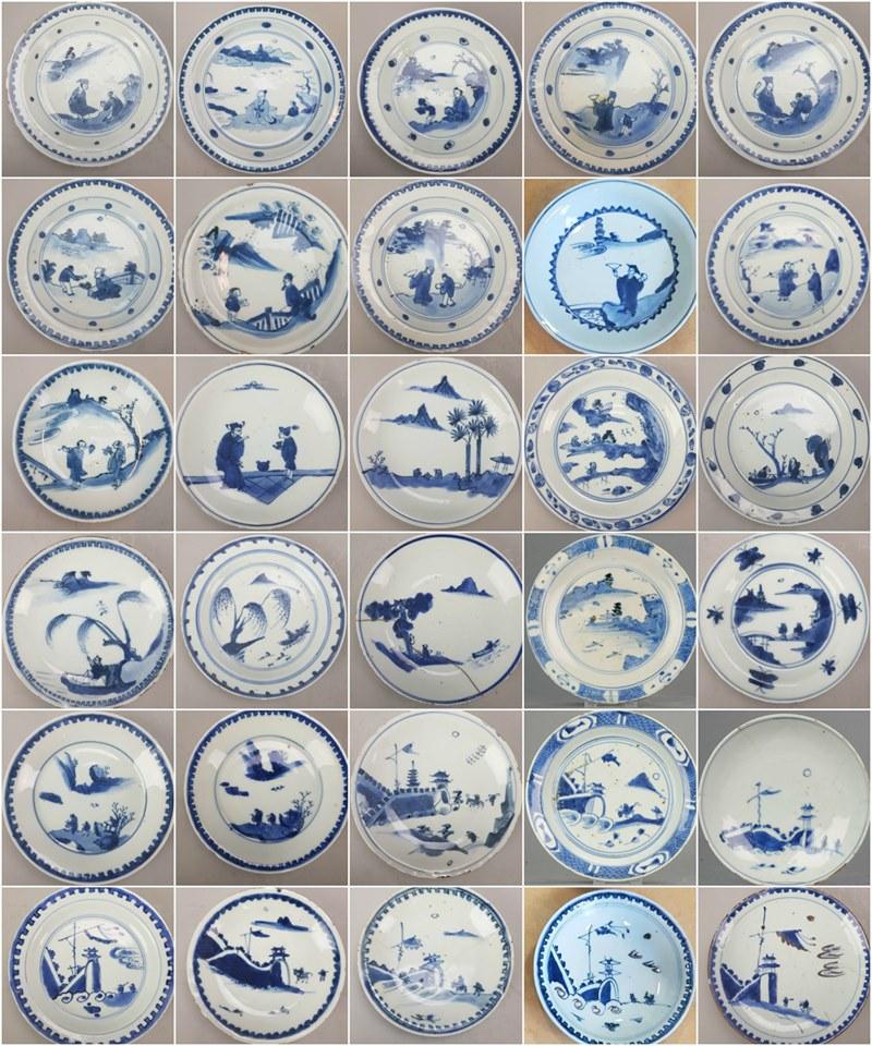 The exact selection can vary from the picture due to stock changes.

A set of 30 plates from the early 17th century. Variation on a theme. Late Ming dynasty blue and white plates with scholars, teachers, attendants, students and travellers. The