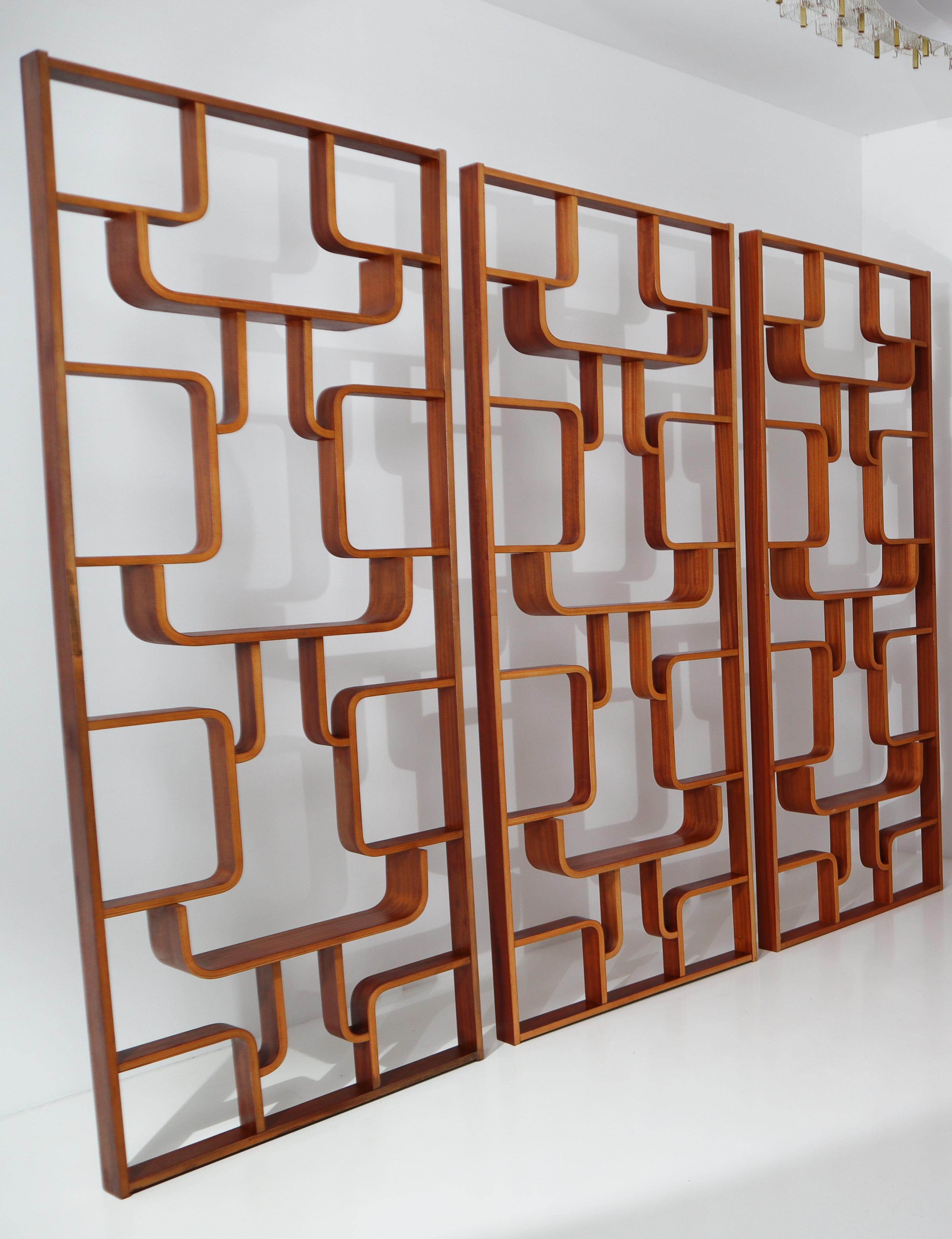 Mid-Century Modern Large Set Mahogany Color Midcentury Room Dividers in Bentwood, circa 1960s