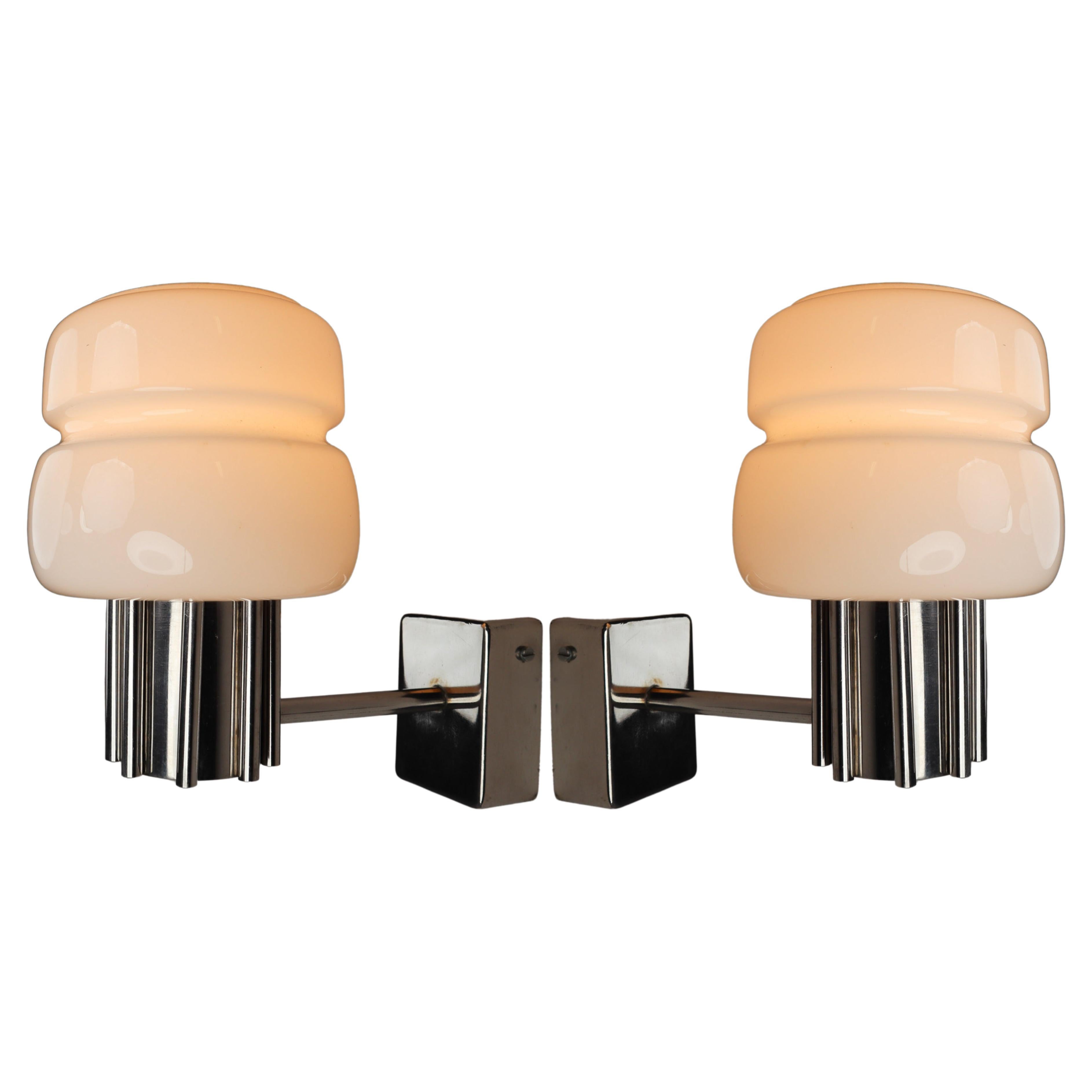 Mid-Century Modern Wall Lights Opaline Glass and Steel, Italy, 1970s