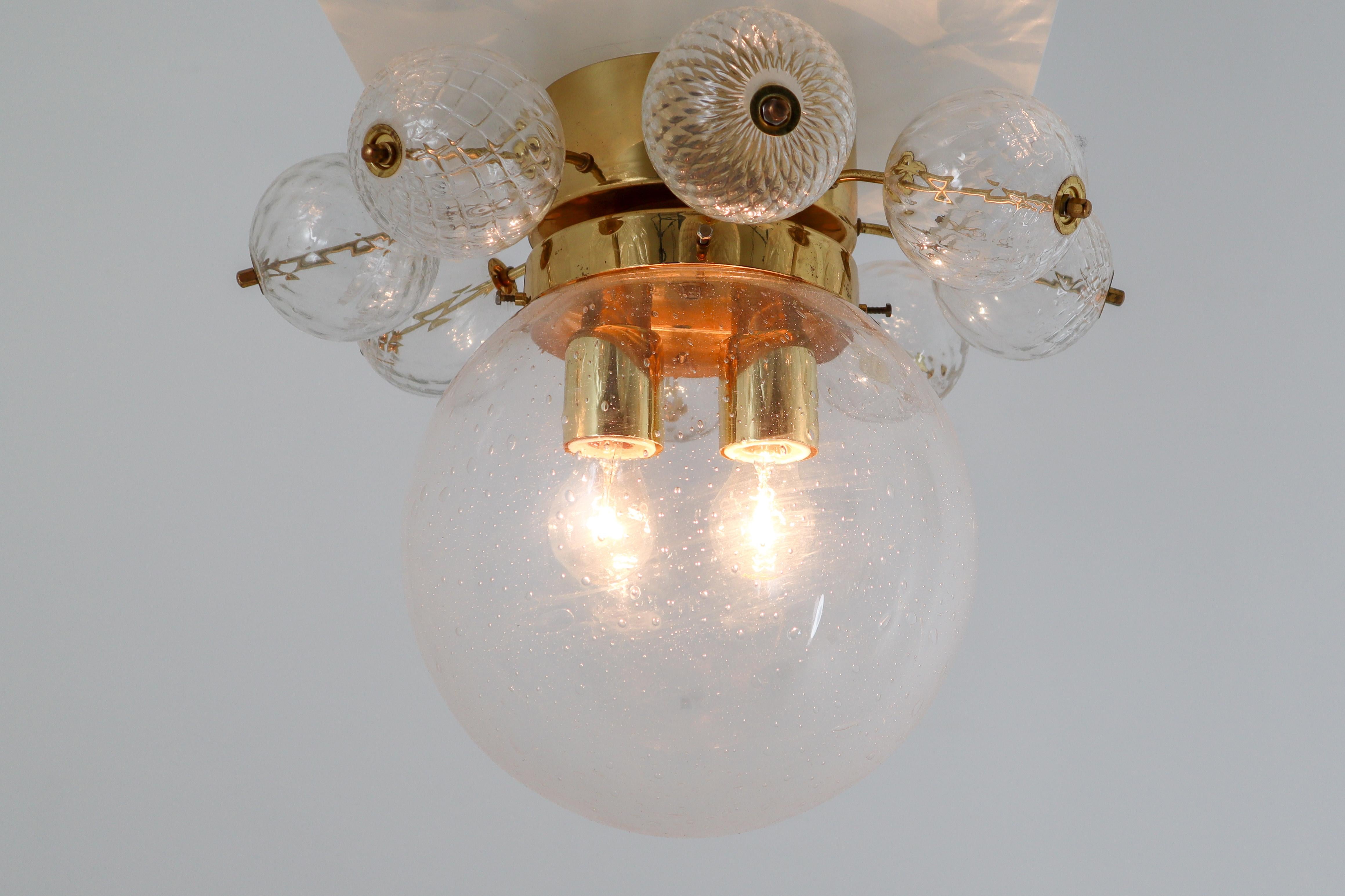 Mid-Century Modern Large Set Midcentury Brass Ceiling Lamp-Chandeliers with Hand Blown Glass, 1960s For Sale