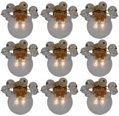 Large Set Midcentury Brass Ceiling Lamp-Chandeliers with Hand Blown Glass, 1960s