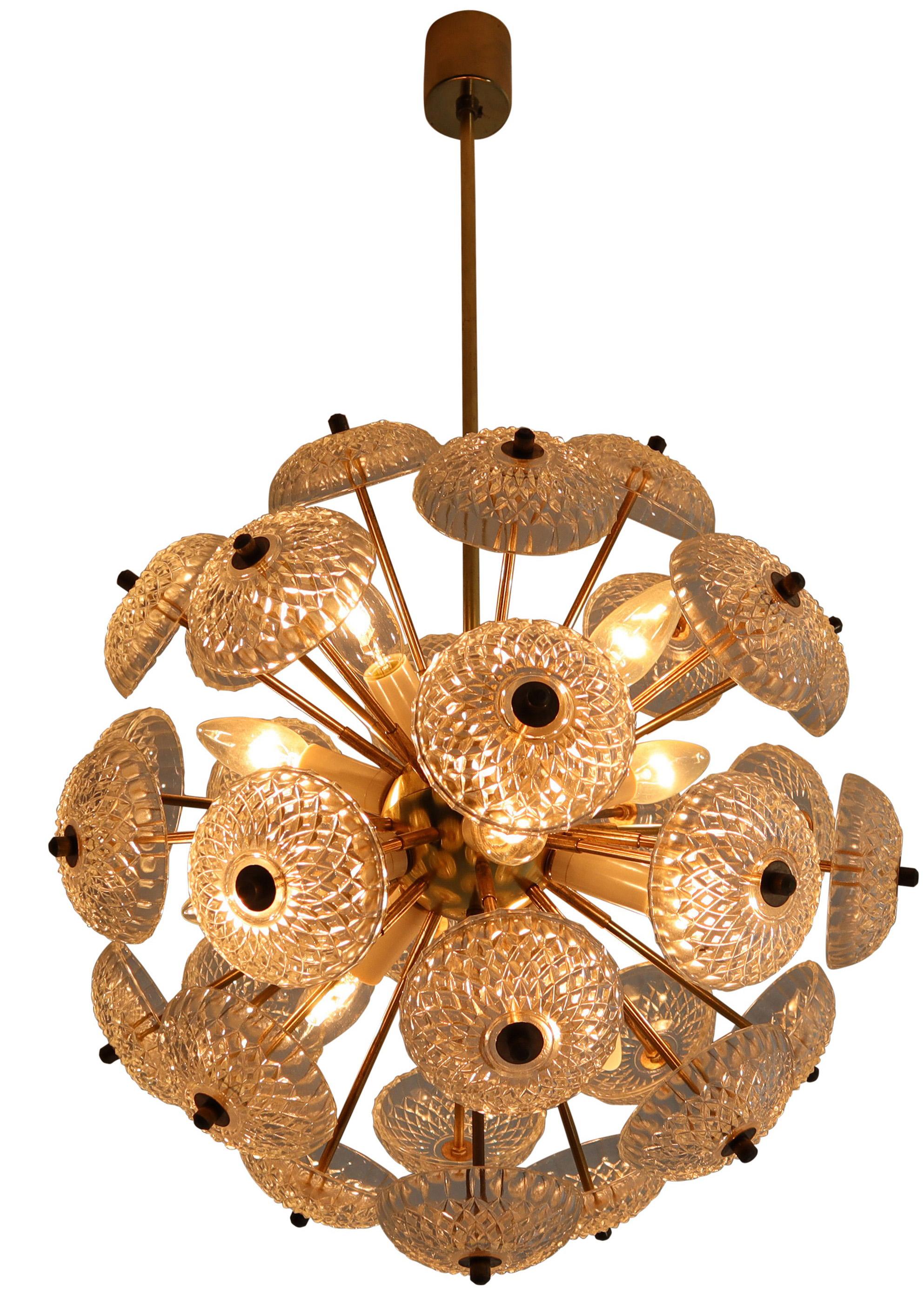 Set of eight midcentury brass floral chandeliers in the style of Emil Stejnar. 

Made of brass with stylish floral glass disc glass light diffuses. The lamp is covered with art glasses which scatter the light in a unique and very charming way by