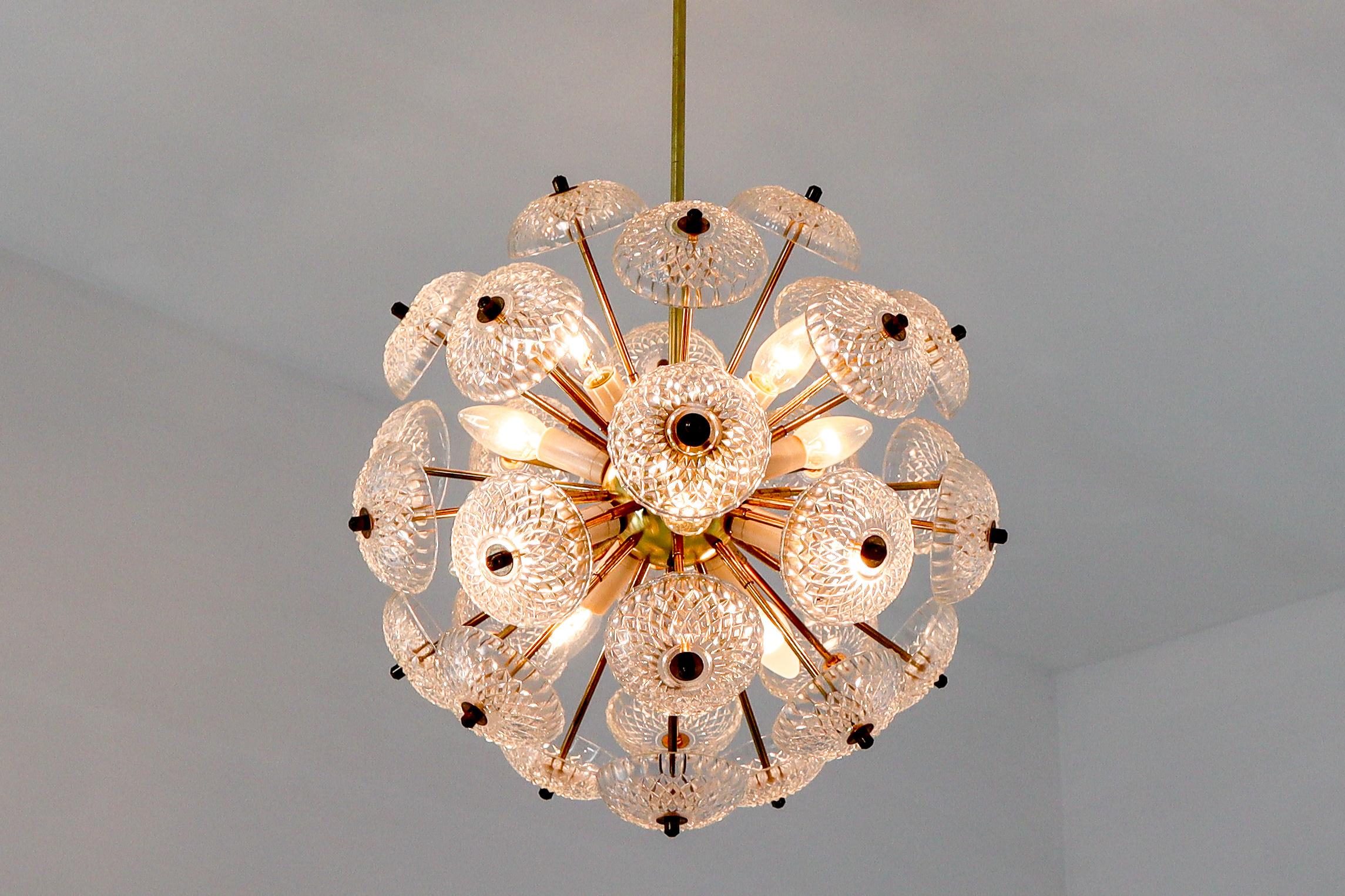 Large set midcentury brass floral chandeliers in the style of Emil Stejnar. 

Made of brass with stylish floral glass disc glass light diffuses. The lamp is covered with art glasses which scatter the light in a unique and very charming way by the