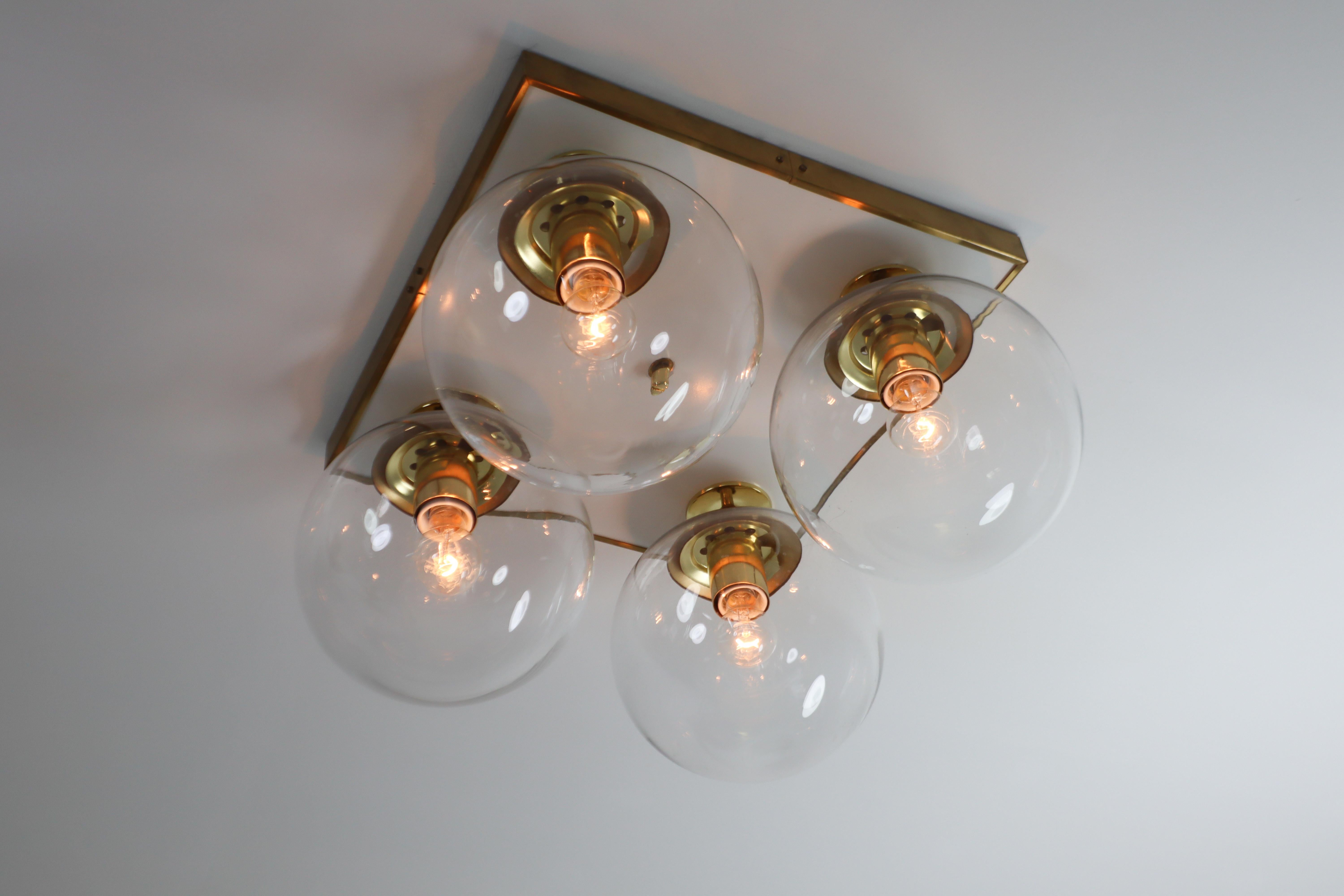 20th Century Large Set Midcentury Ceiling Brass Chandelier with Four Transparent Blown Glass