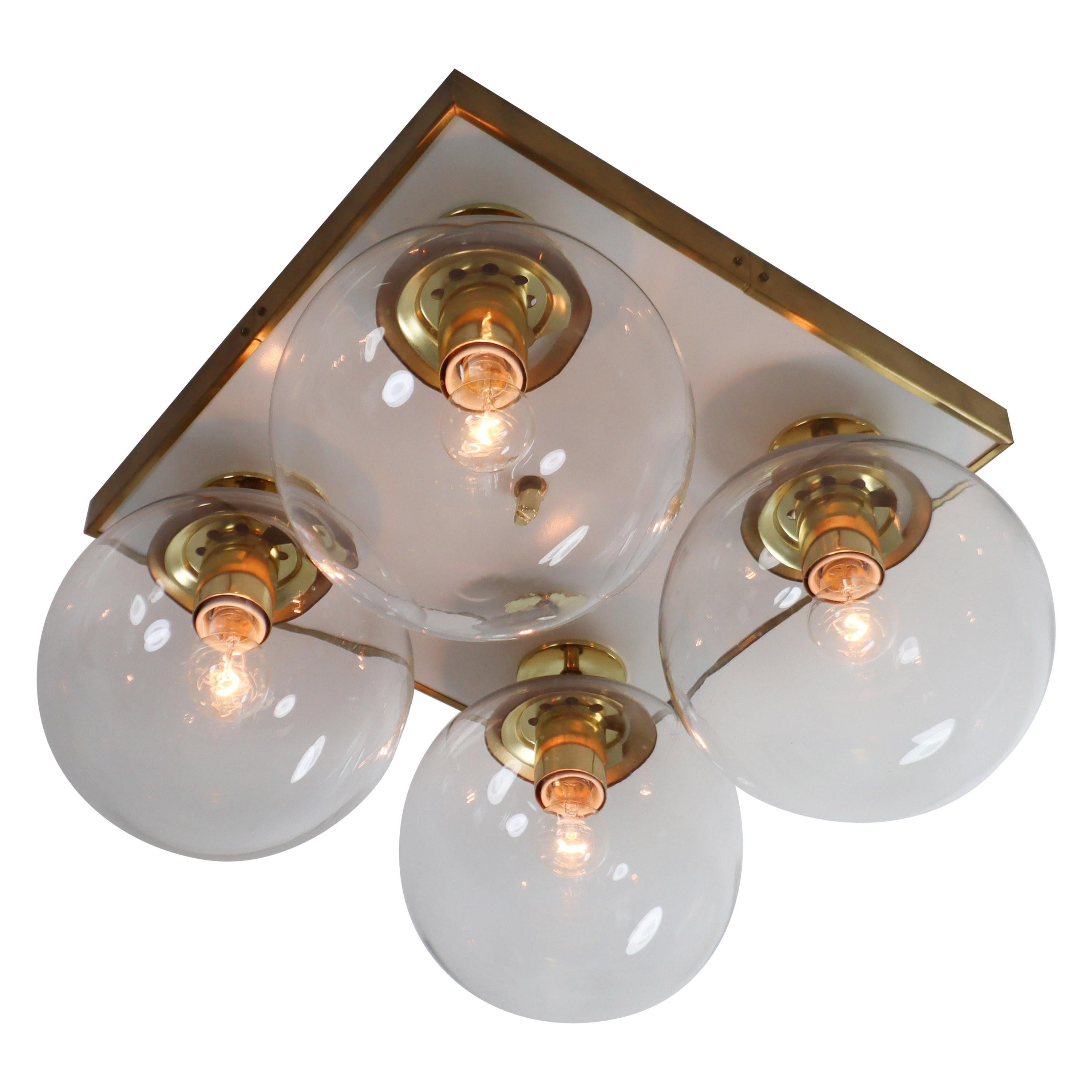 Large Set Midcentury Ceiling Brass Chandelier with Four Transparent Blown Glass