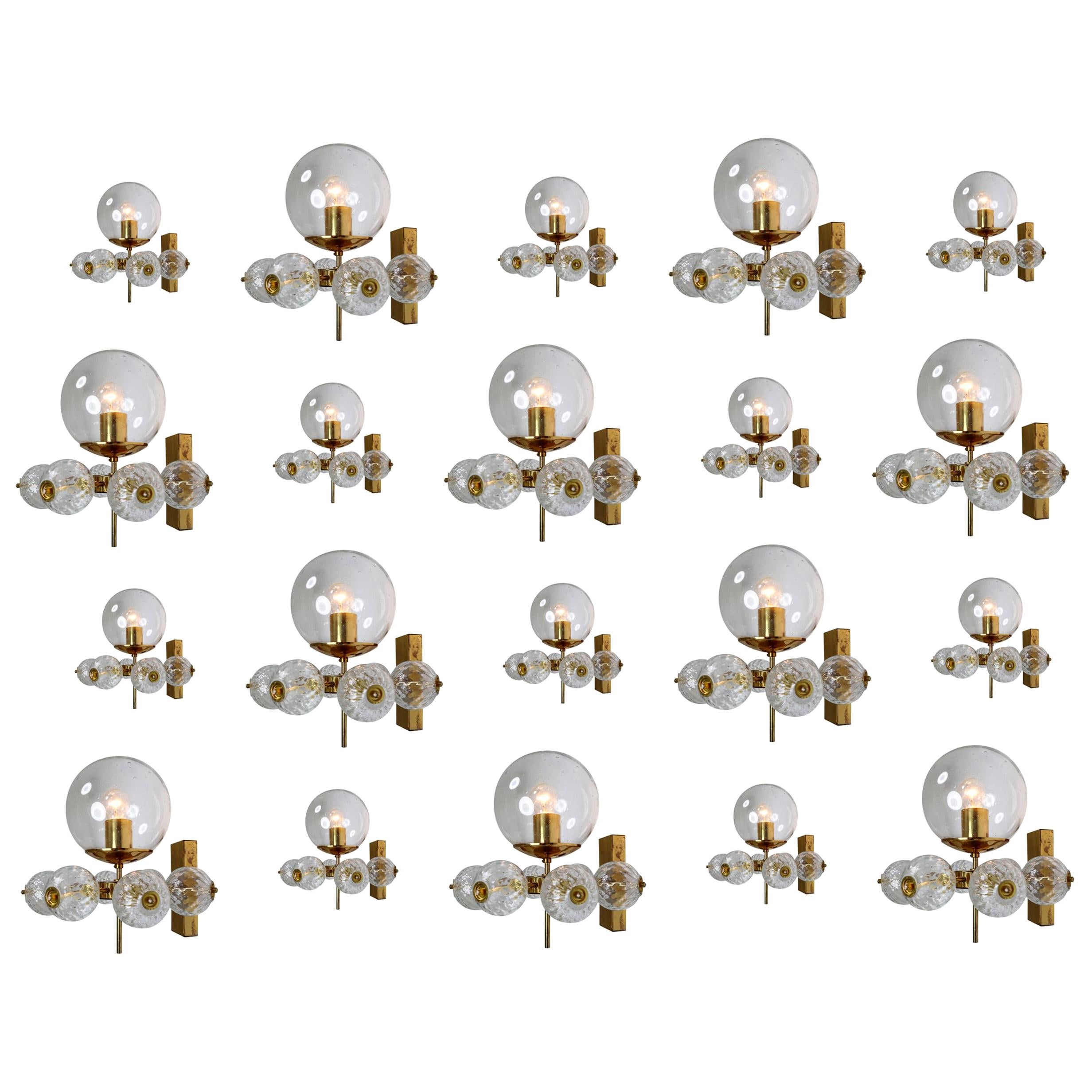 Large Set Midcentury Hotel Wall Chandeliers with Brass Fixture, Europe 1970s
