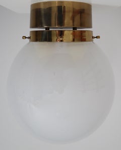 Large Set of Midcentury Lights with Brass Frame and White Pearl Glass Globes