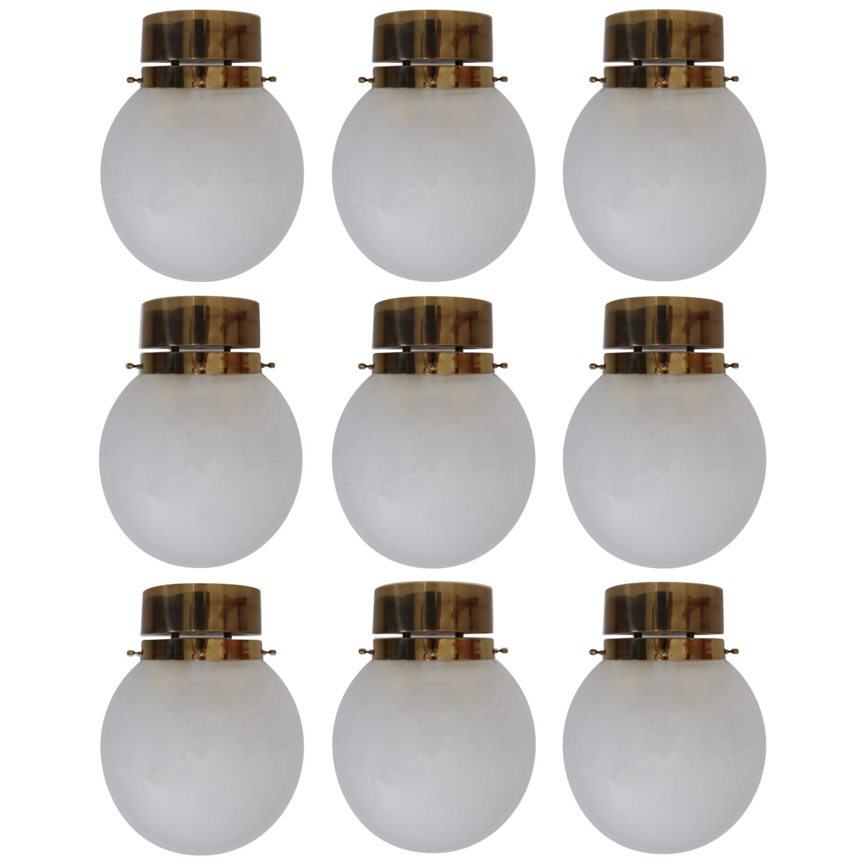 Large Set of Midcentury Lights with Brass Frame and White Pearl Glass Globes For Sale
