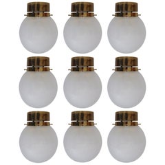 Large Set of Midcentury Lights with Brass Frame and White Pearl Glass Globes