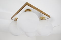 Mid-Century Brass Ceiling Lights with Four Pearl White Glass Globes