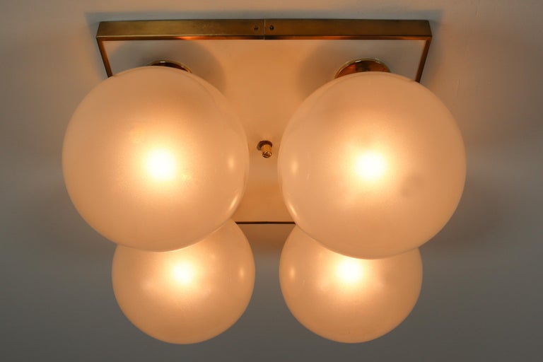  Mid-Century Modern Ceiling Lights with Four Pearl White Glass Globes For Sale 1