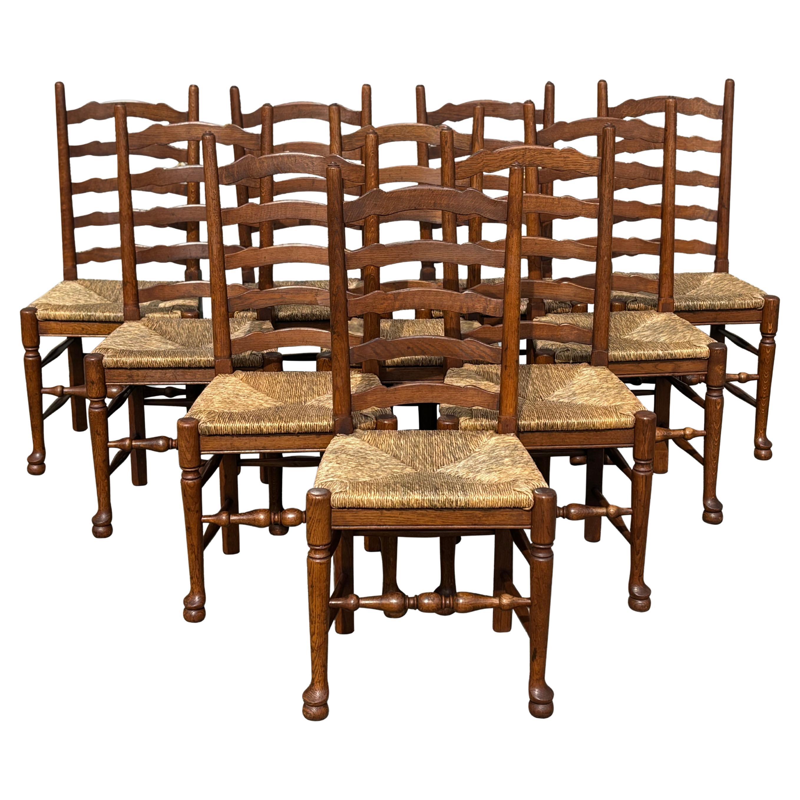 Large Set of 10 Oak Lancashire Ladder Back Country Dining Chairs For Sale