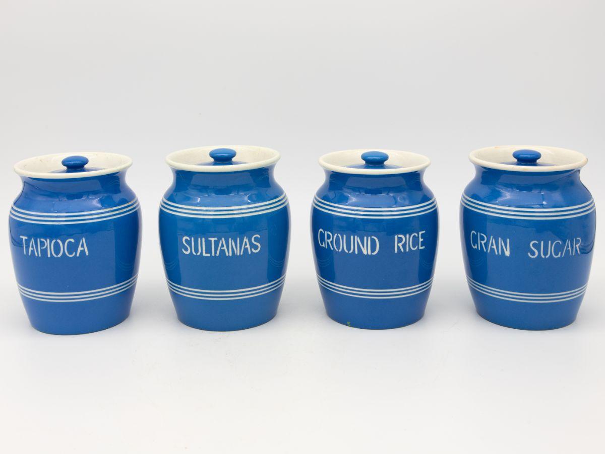Large Set of by Bretby Art Pottery in Imperial Blue and White Ceramic Canisters In Good Condition In South Salem, NY