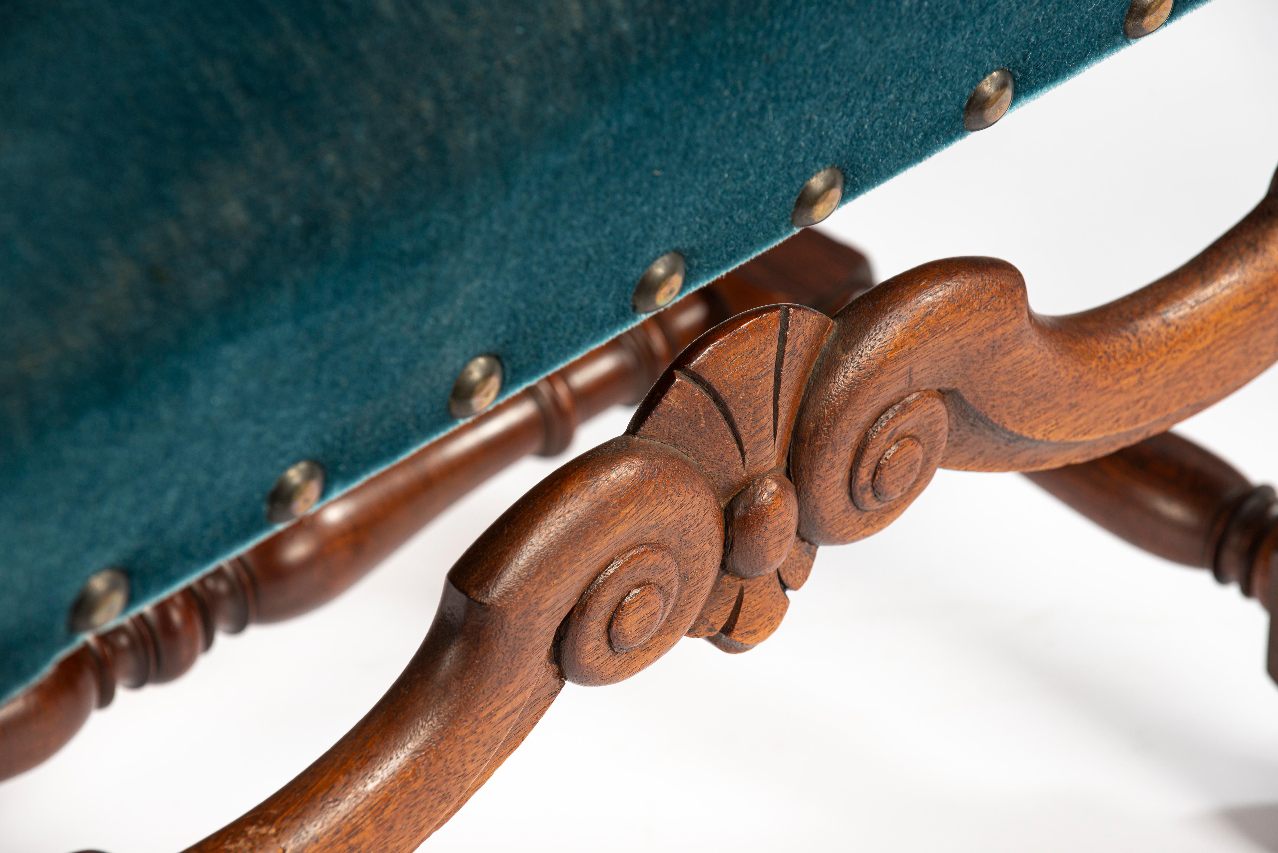 Large set of 10 Vintage French walnut carved Petrol velvet armchairs For Sale 3