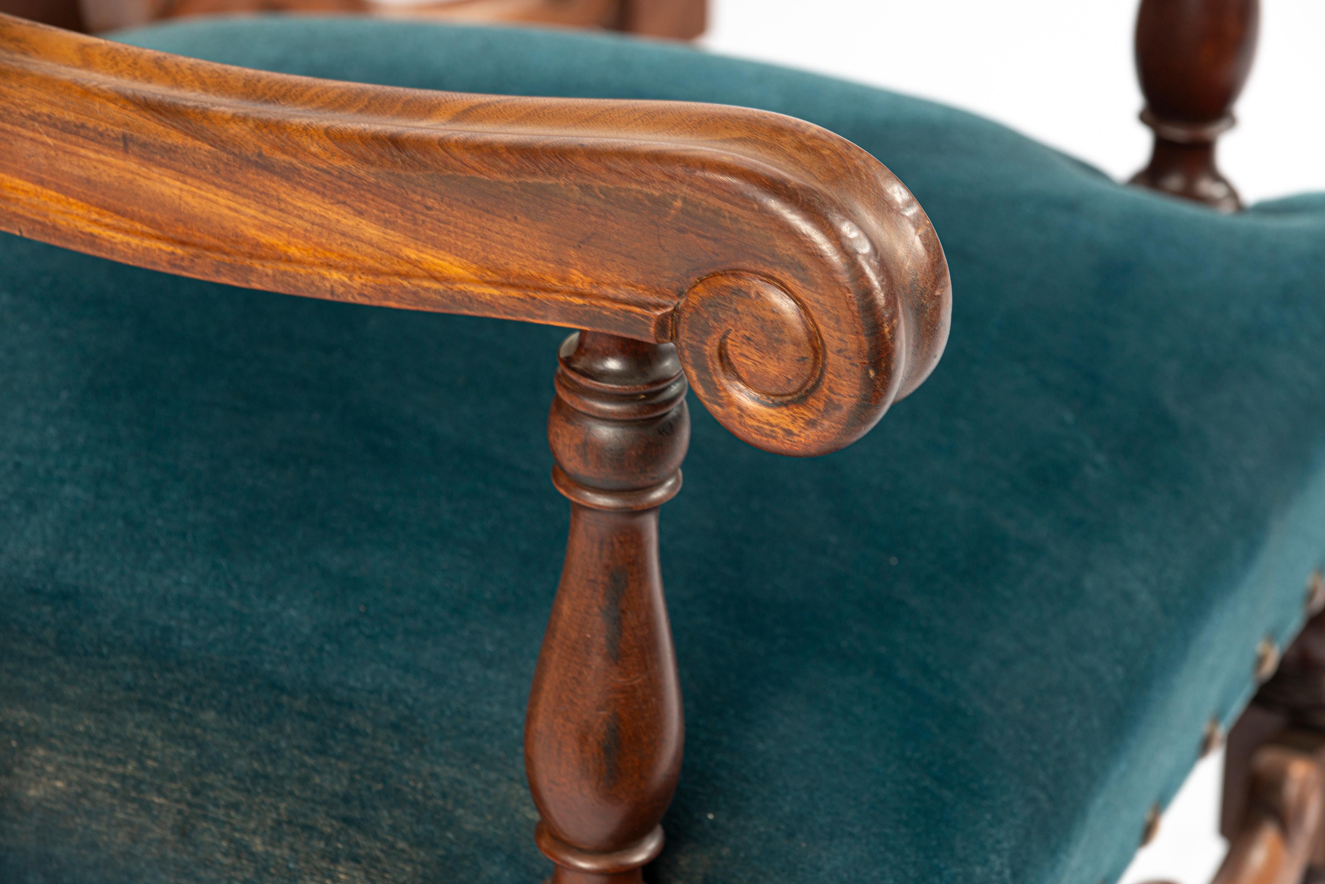 Large set of 10 Vintage French walnut carved Petrol velvet armchairs For Sale 4