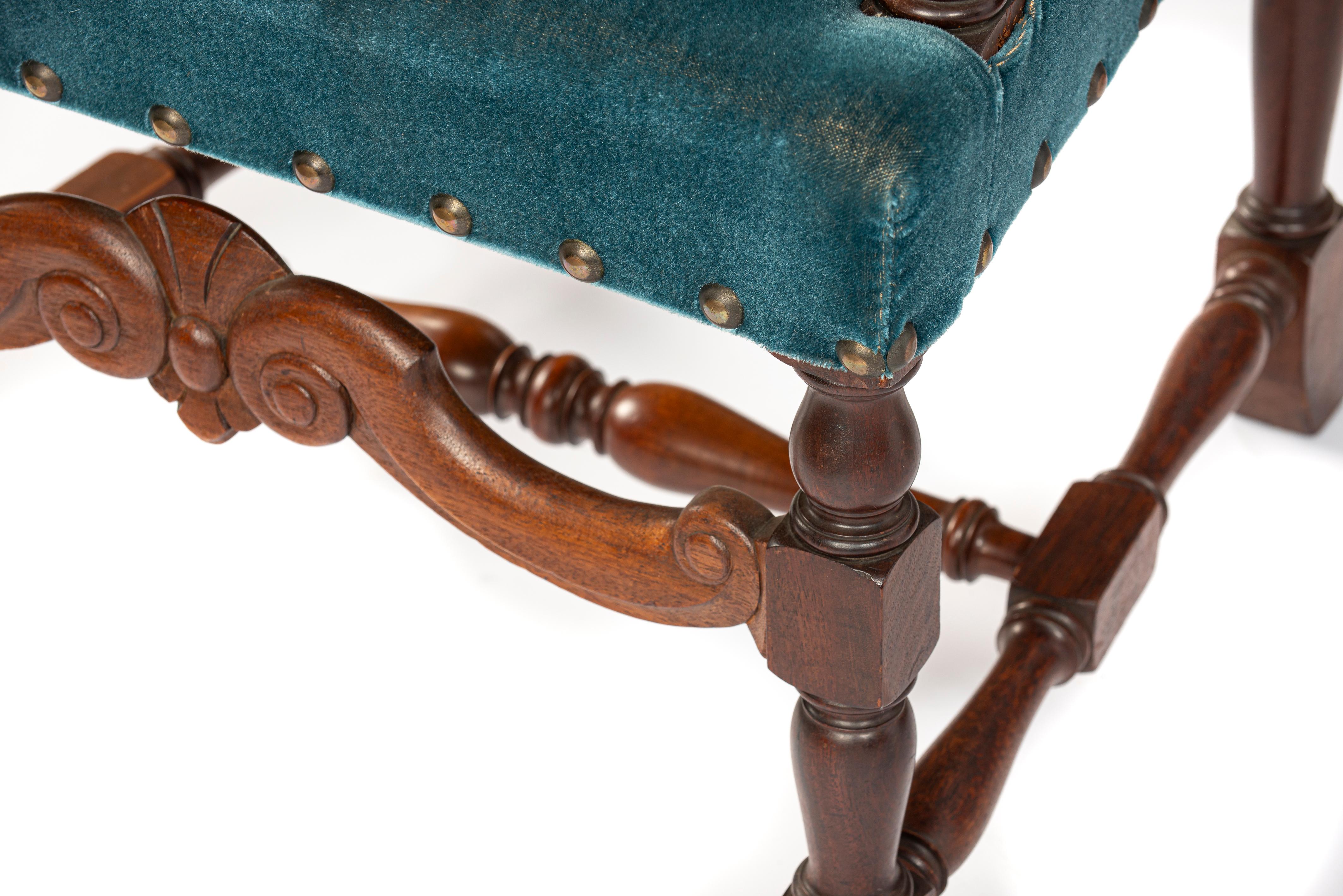 Large set of 10 Vintage French walnut carved Petrol velvet armchairs For Sale 5