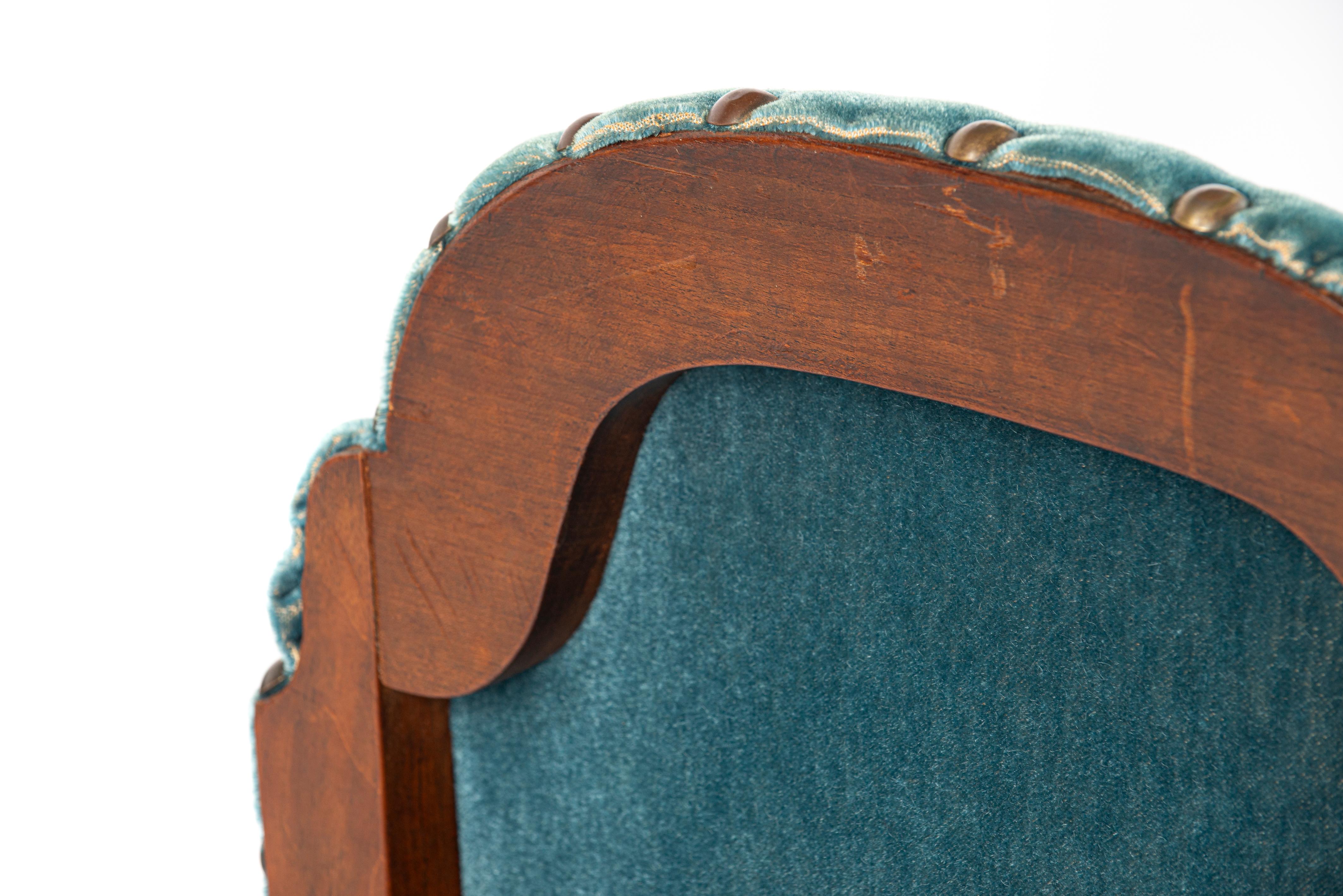 Large set of 10 Vintage French walnut carved Petrol velvet armchairs For Sale 8