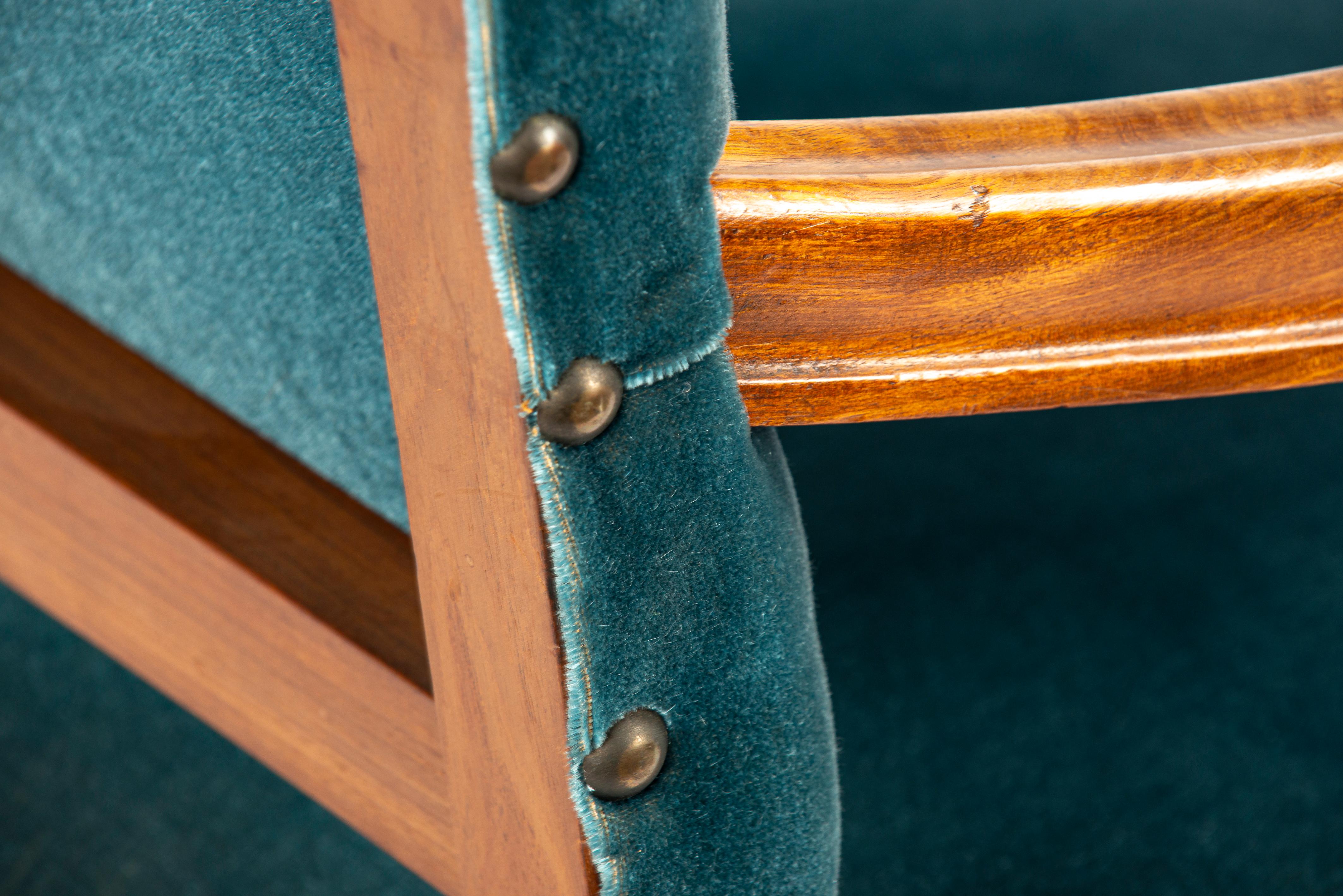 Large set of 10 Vintage French walnut carved Petrol velvet armchairs For Sale 9