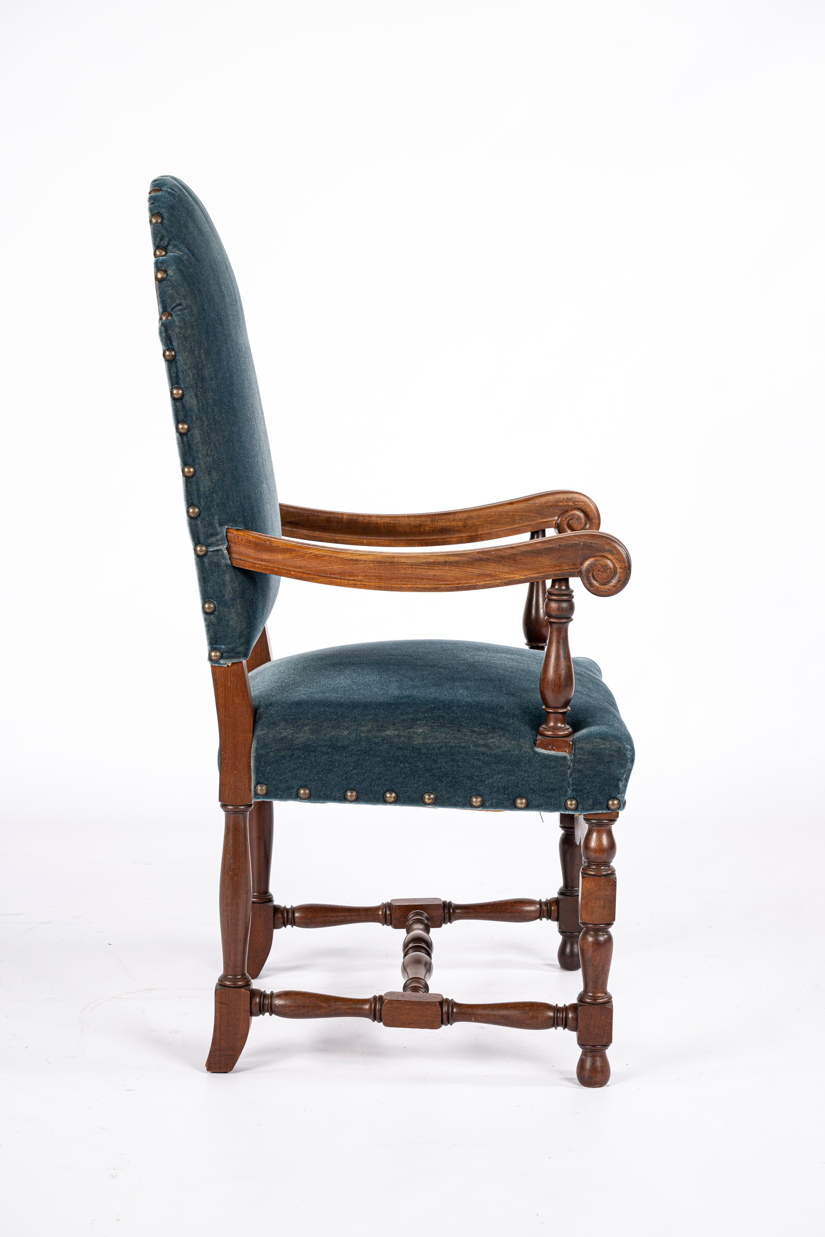 Baroque Large set of 10 Vintage French walnut carved Petrol velvet armchairs For Sale