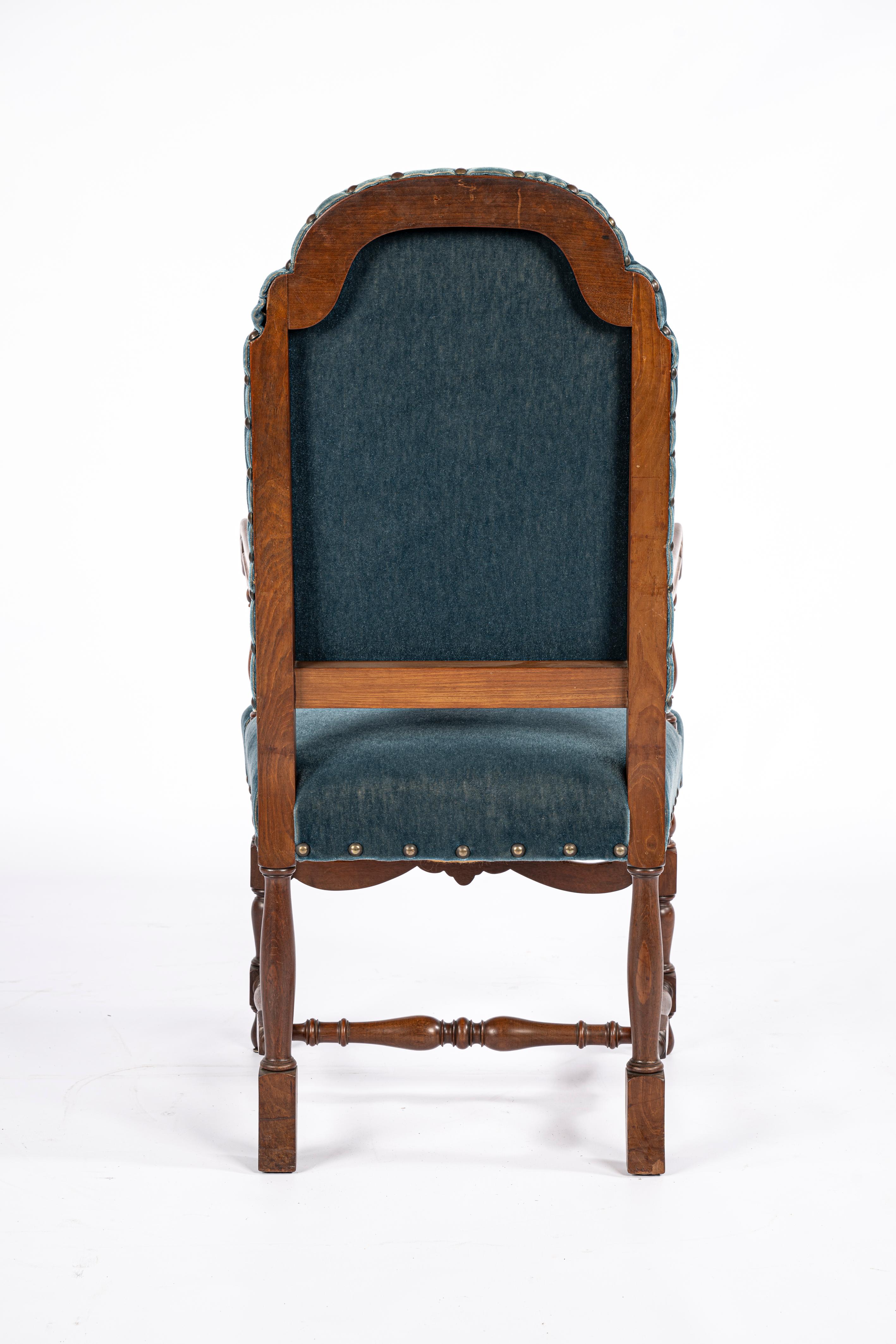 Hand-Carved Large set of 10 Vintage French walnut carved Petrol velvet armchairs For Sale