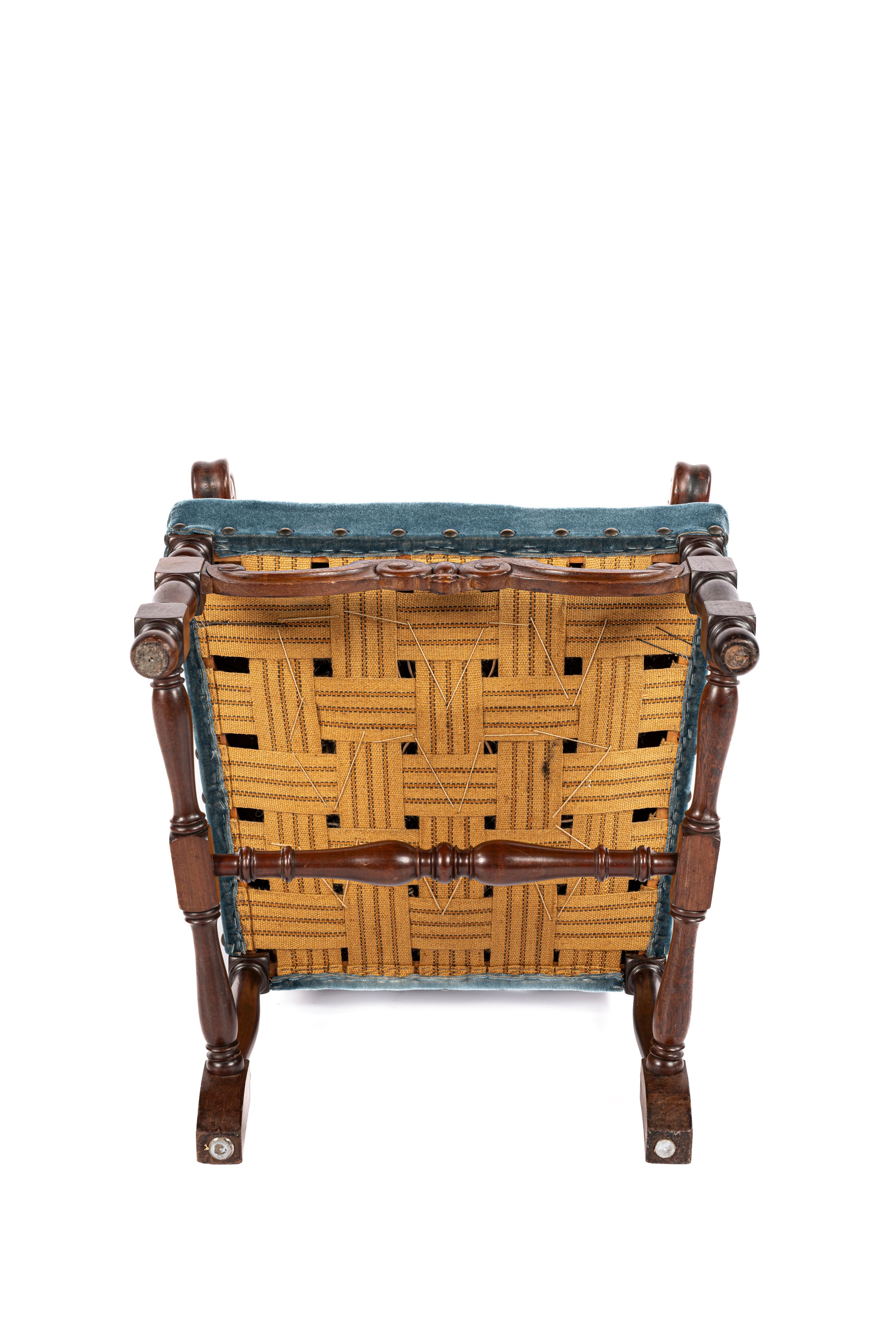20th Century Large set of 10 Vintage French walnut carved Petrol velvet armchairs For Sale