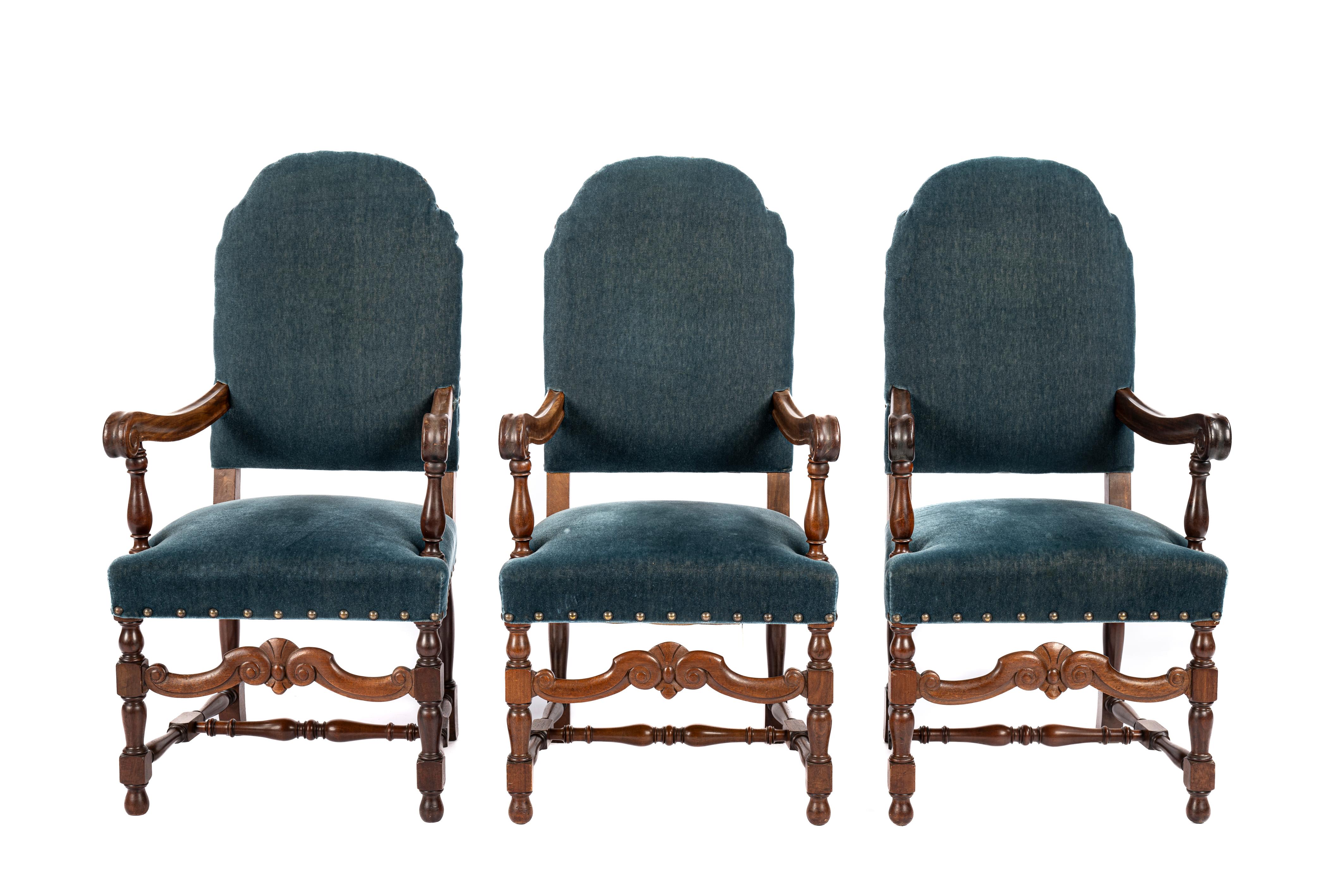 Large set of 10 Vintage French walnut carved Petrol velvet armchairs For Sale 1
