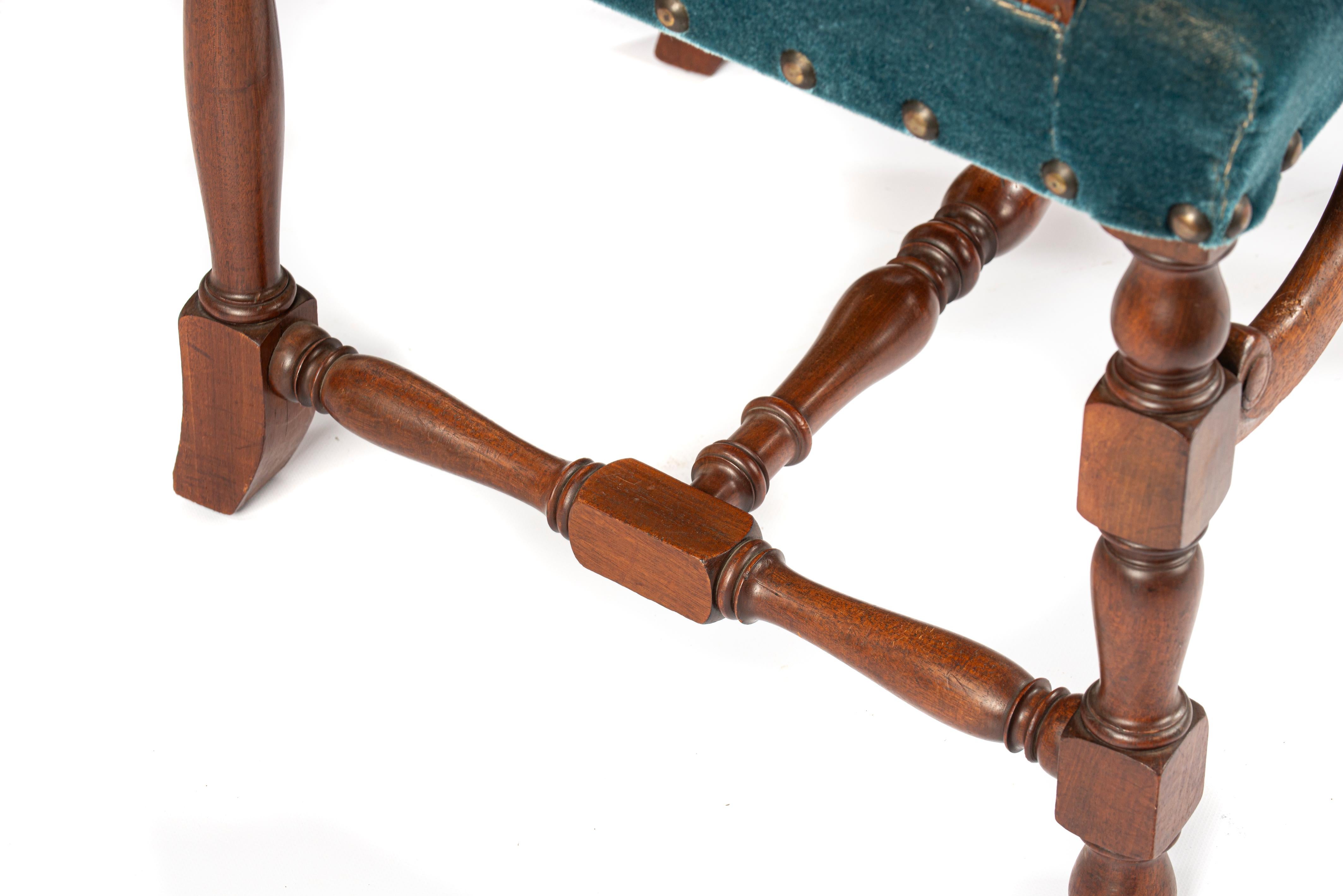 Large set of 10 Vintage French walnut carved Petrol velvet armchairs For Sale 2