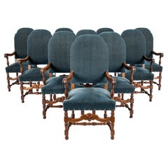 Large set of 10 Vintage French walnut carved Petrol velvet armchairs