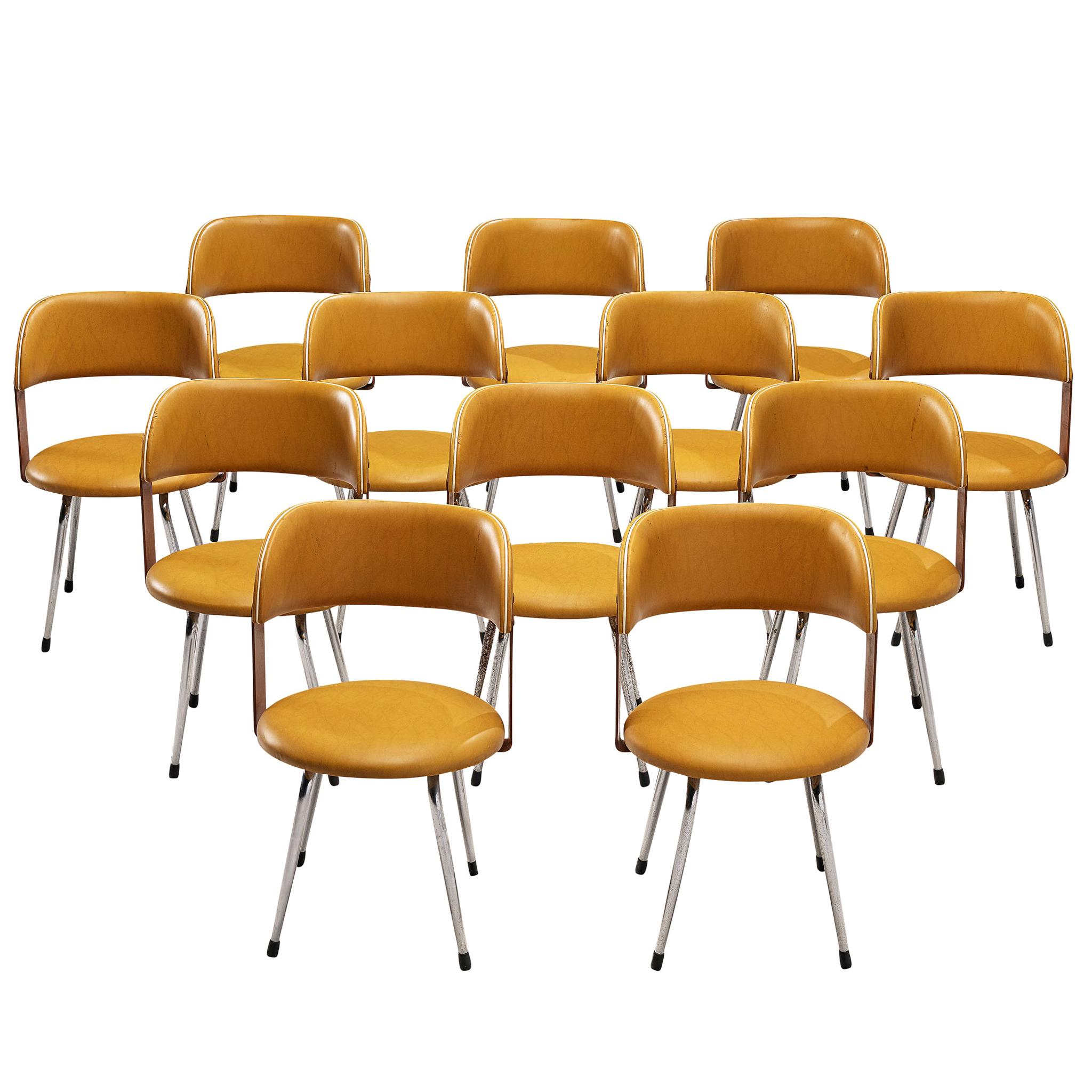 Large Set of 12 Italian Dining Chairs in Leatherette and Metal, 1970s