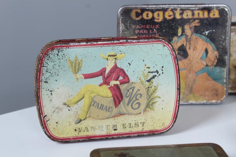 Large Set of 13 Antique Tin Boxes, Tobacco Boxes from France, 1930s, Art  Deco For Sale at 1stDibs