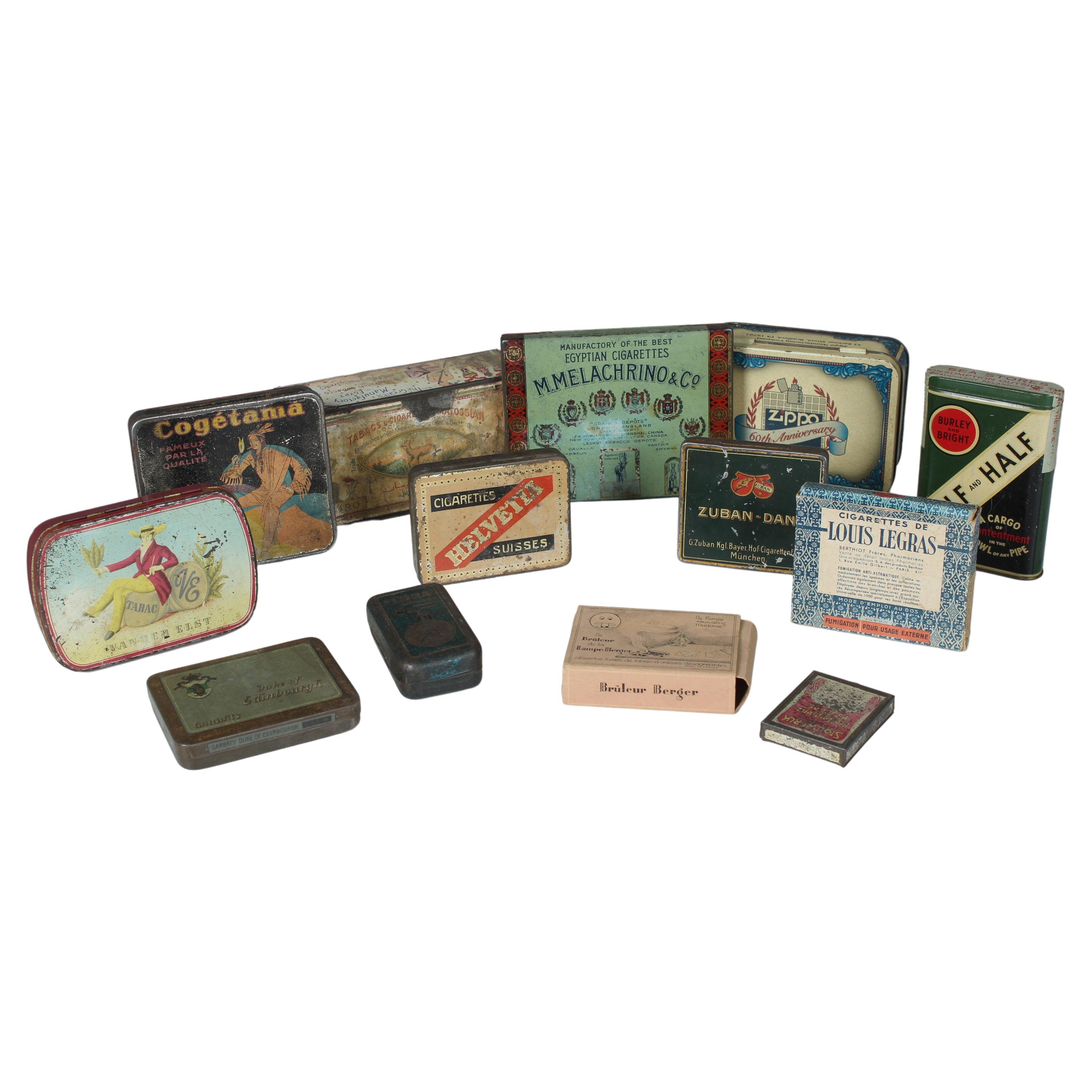 Large Set of 13 Antique Tin Boxes, Tobacco Boxes from France, 1930s, Art Deco For Sale
