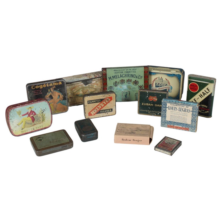 vintage cigarette tins for sale Large Set of 13 Antique Tin Boxes, Tobacco Boxes from France, 1930s, Art  Deco For Sale at 1stDibs