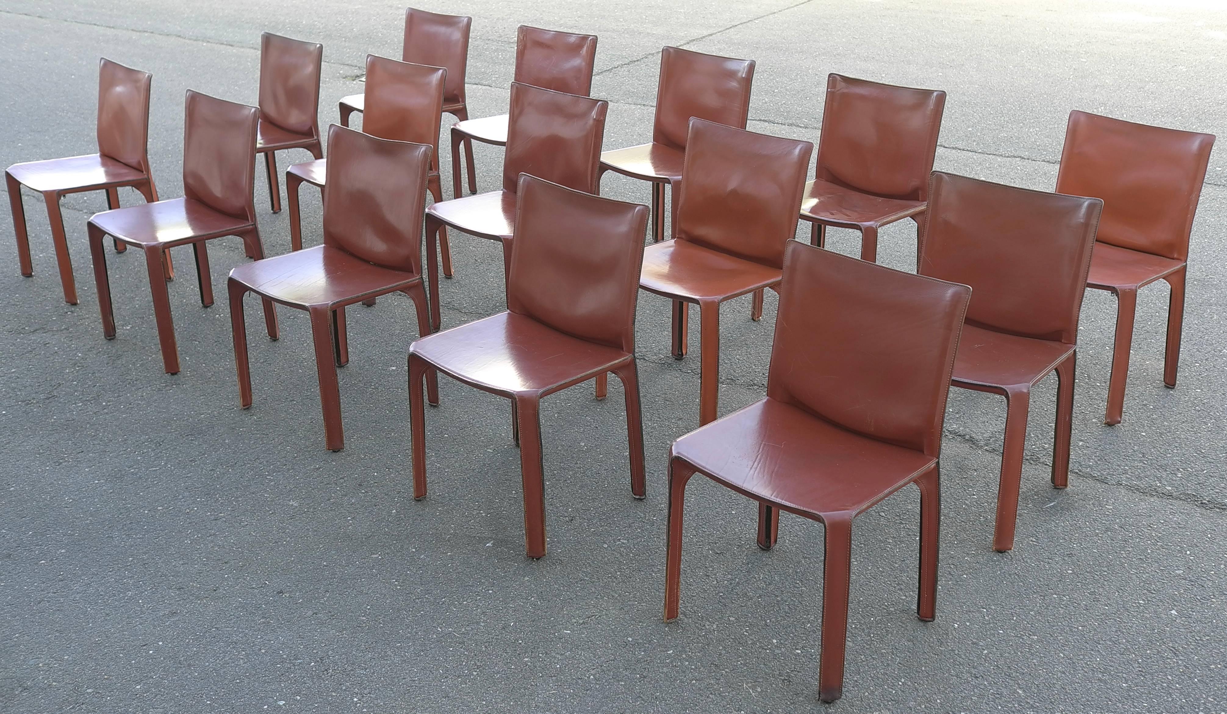Large Set of 15 Leather 412 Cab Chairs by Mario Bellini for Cassina 1