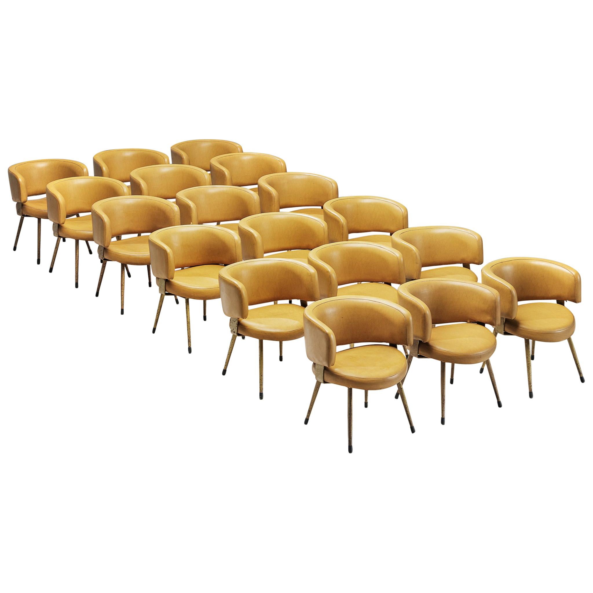 Large Set of 18 Italian Armchairs in Yellow Leatherette