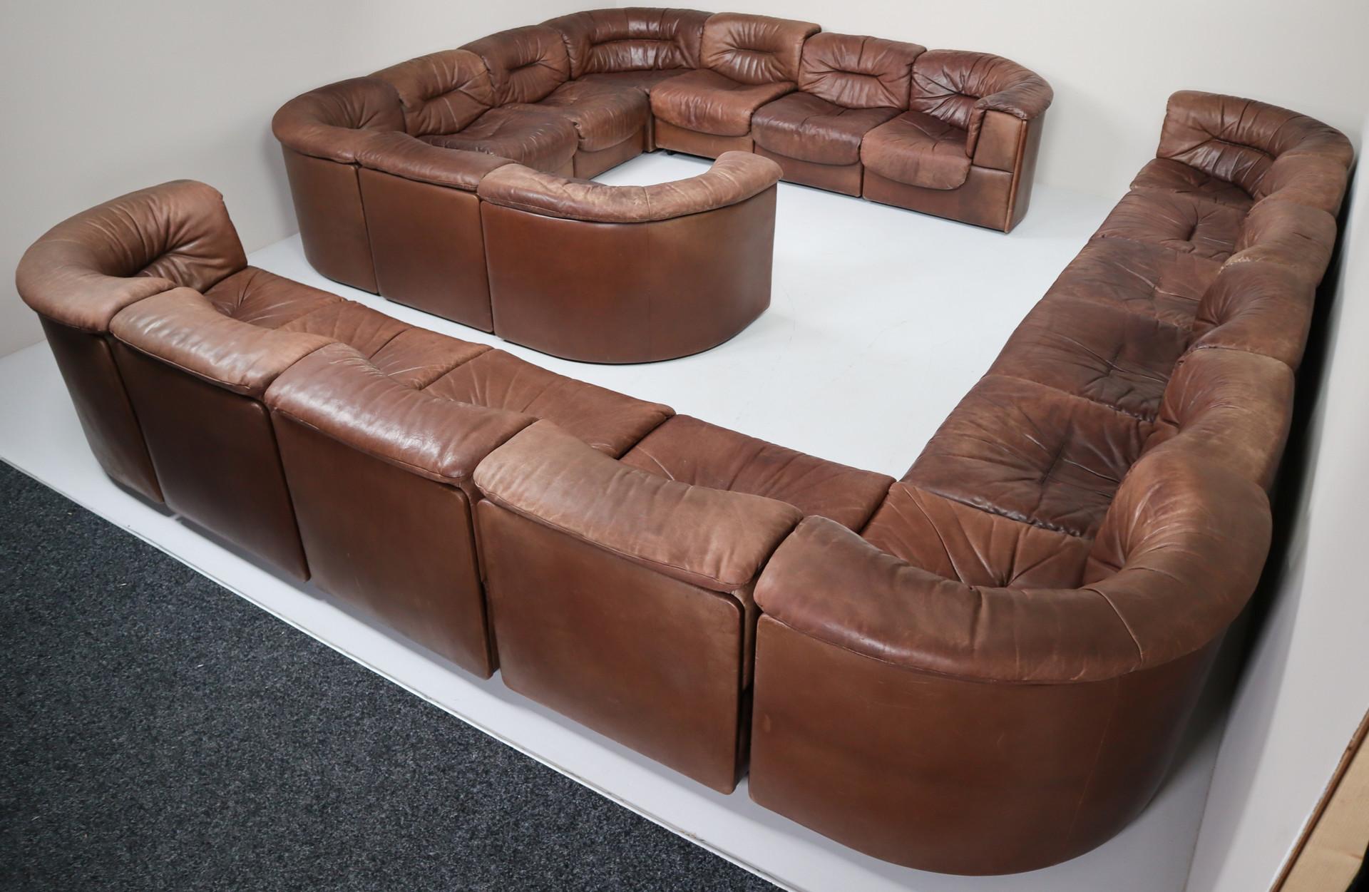 Large Set of 19 Elements Patinated Leather De Sede DS 14 Modular Sofa, 1970s 2