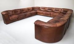 Large Set of 19 Elements Patinated Leather De Sede DS 14 Modular Sofa, 1970s