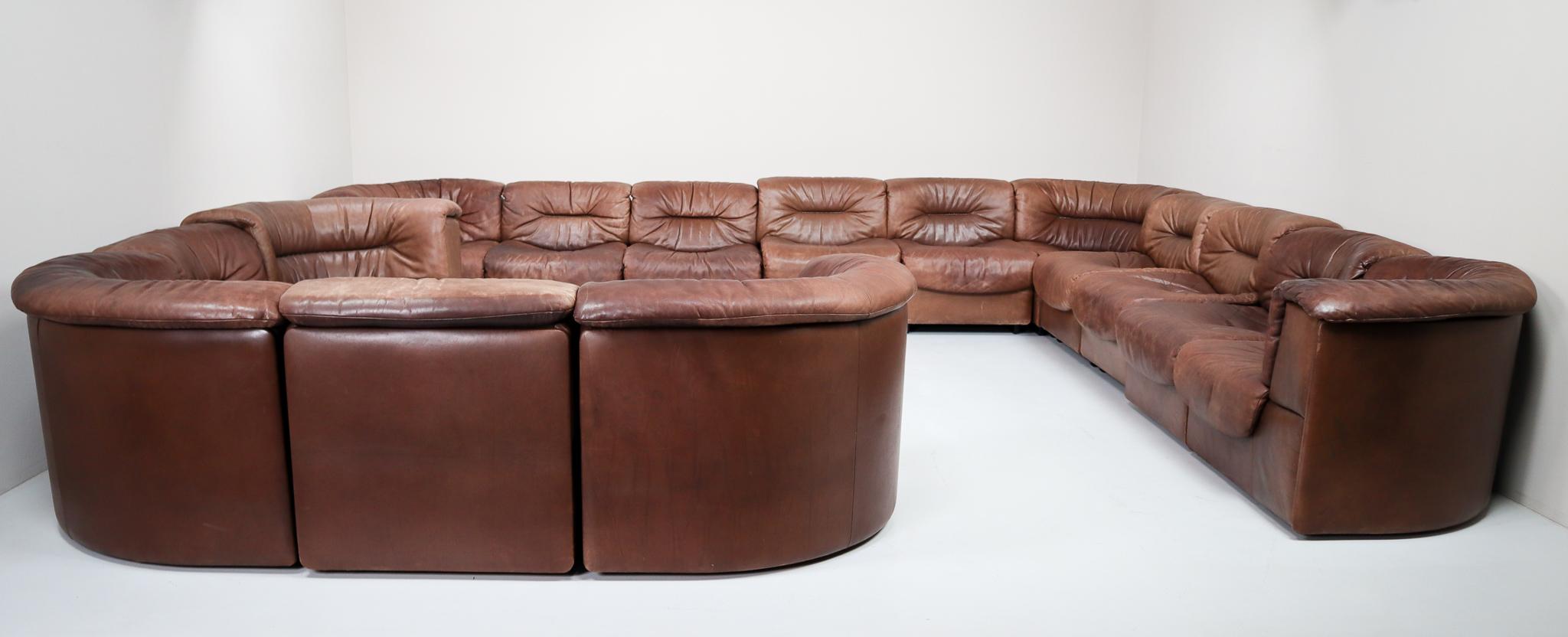 Large Set of 19 Elements Patinated Leather De Sede DS 14 Modular Sofa, 1970s 1