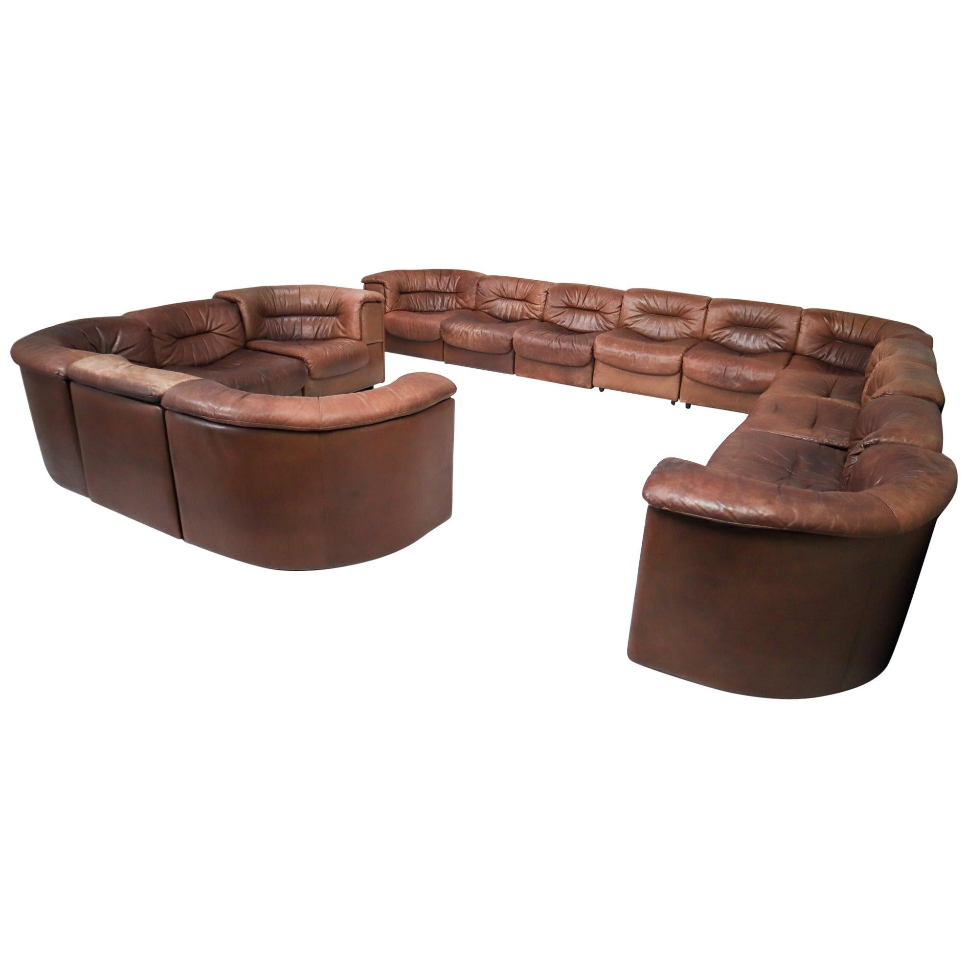 Large Set of 19 Elements Patinated Leather De Sede DS 14 Modular Sofa, 1970s