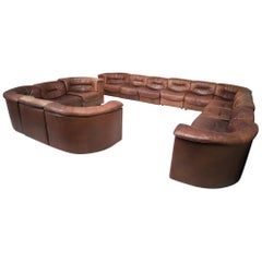 Large Set of 19 Elements Patinated Leather De Sede DS 14 Modular Sofa, 1970s