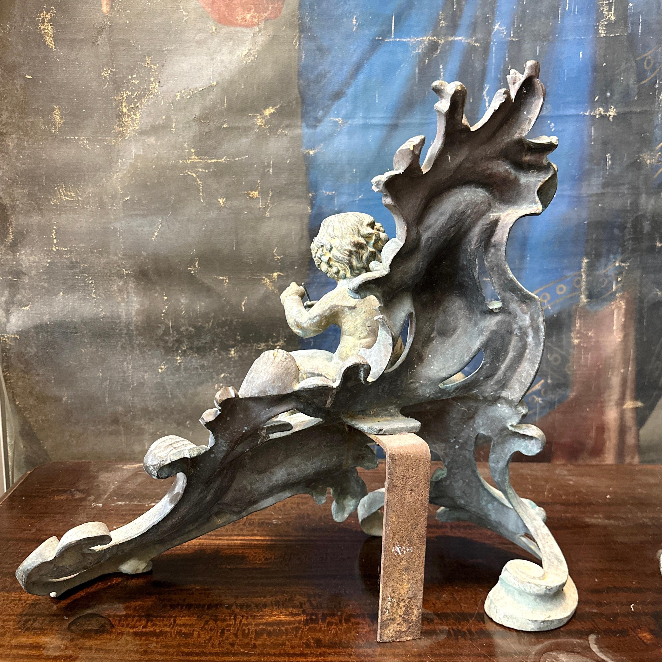 Large Set of 19th Century French Bronze Chenets. Rococo style with Faun motif. In Good Condition In Victoria, BC
