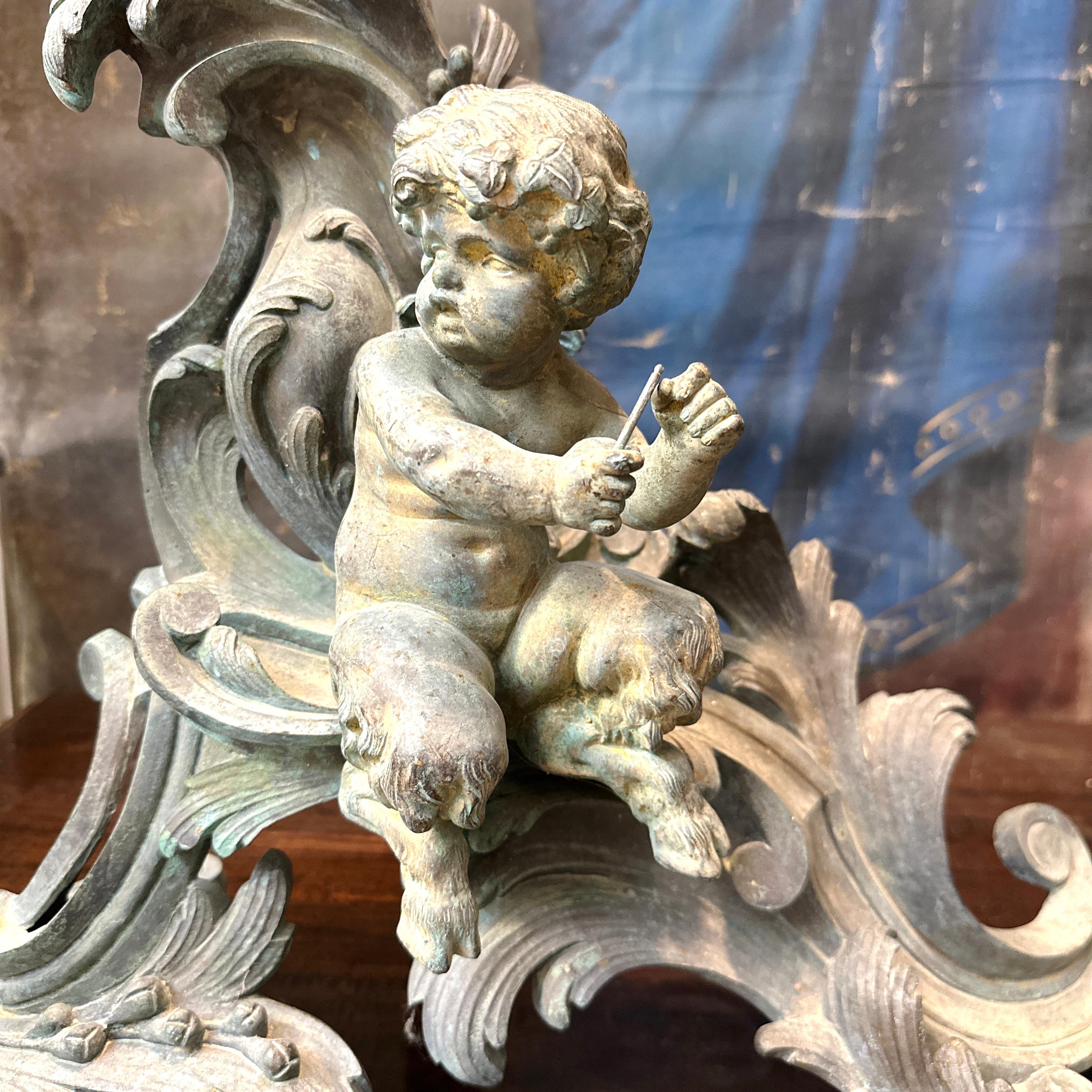 Mid-19th Century Large Set of 19th Century French Bronze Chenets. Rococo style with Faun motif.