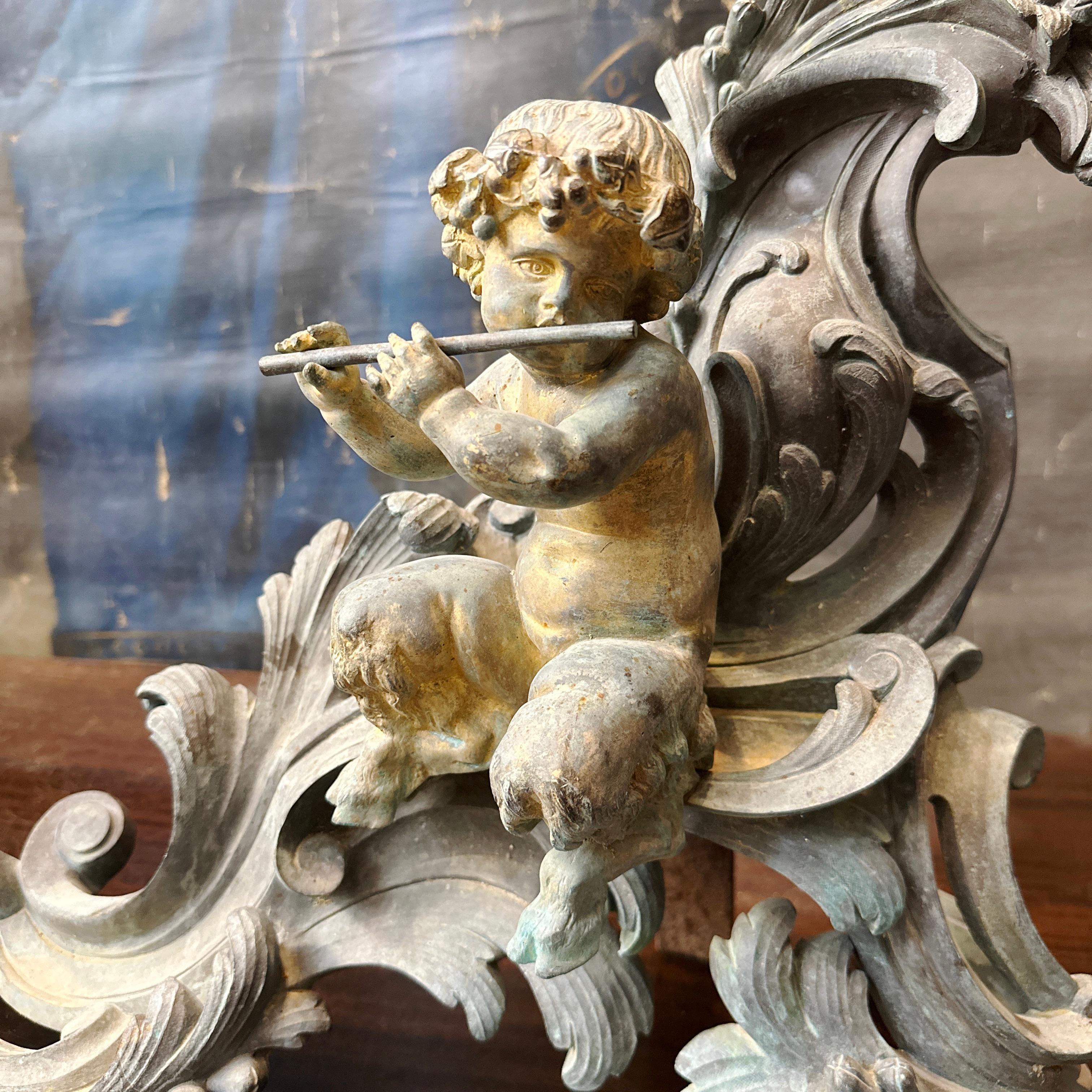 Large Set of 19th Century French Bronze Chenets. Rococo style with Faun motif. 1
