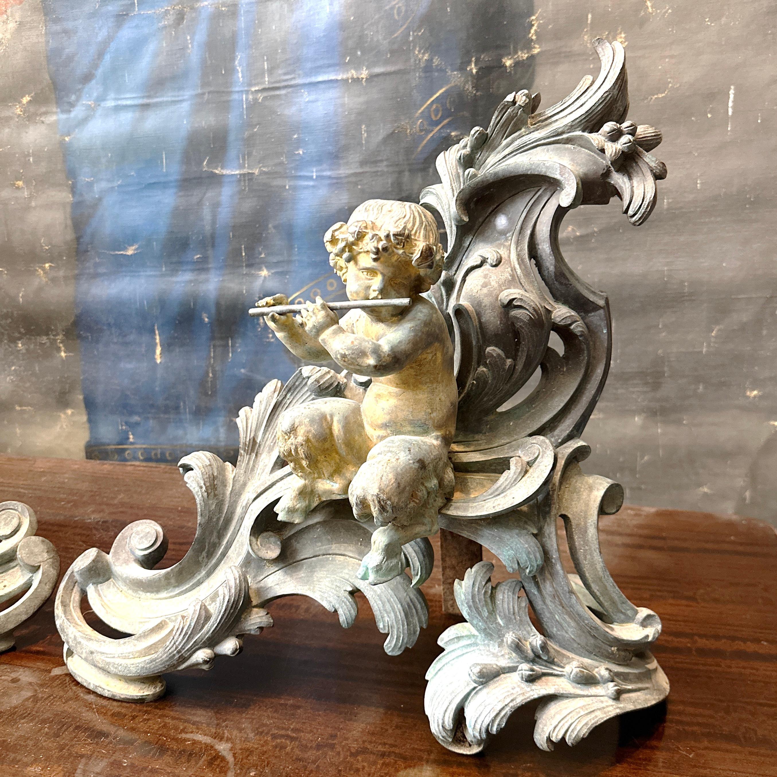 Large Set of 19th Century French Bronze Chenets. Rococo style with Faun motif. 2