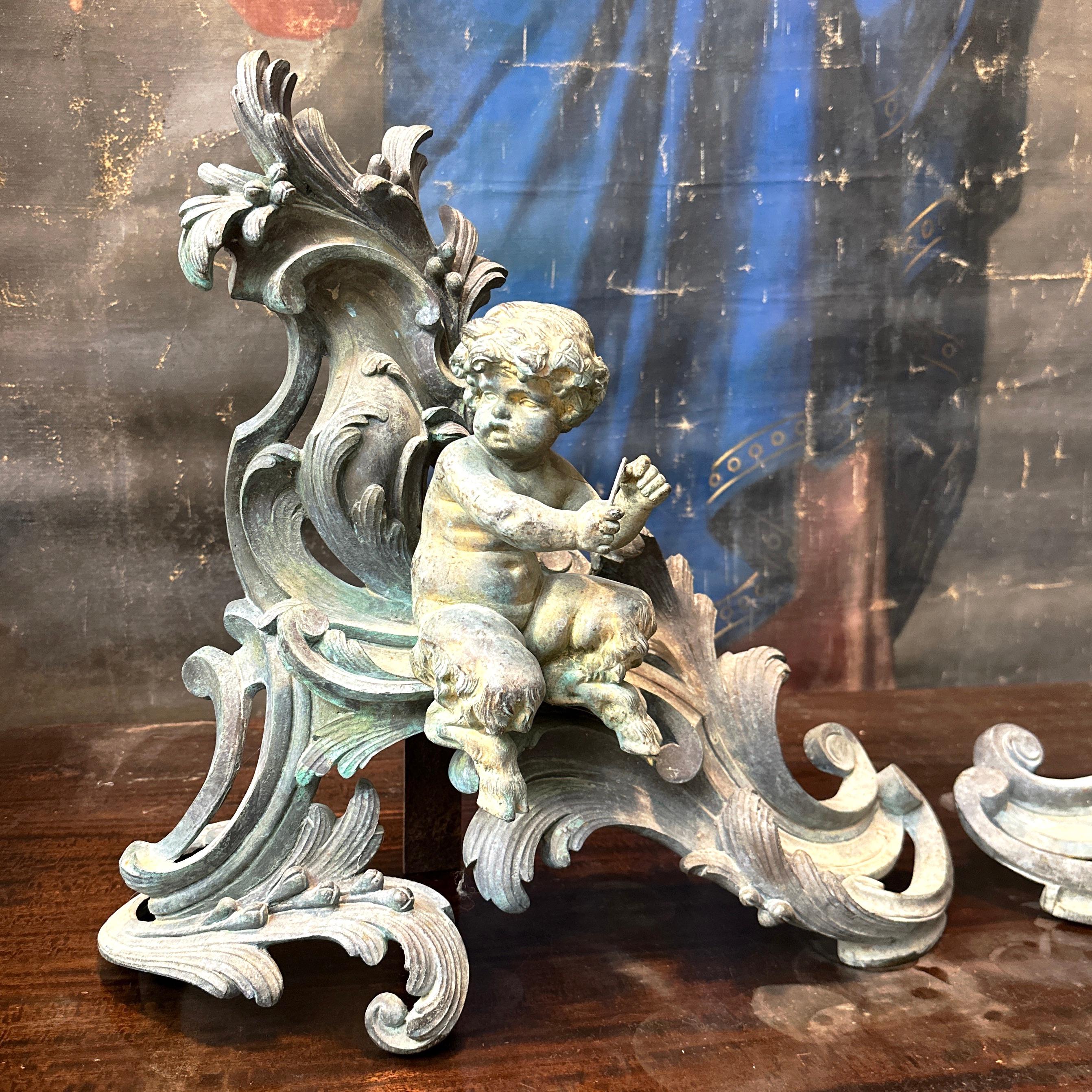 Large Set of 19th Century French Bronze Chenets. Rococo style with Faun motif. 3