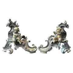 Large Set of 19th Century French Bronze Chenets. Rococo style with Faun motif.