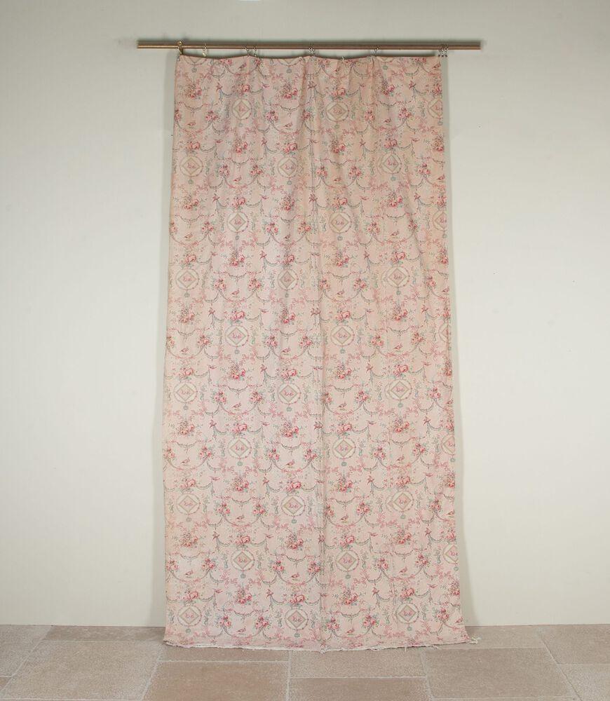 Large set of late 19th Century French linen cotton curtains.

Printed with swags of pretty pink roses interspersed with birds and putti riding on dolphins.

Lined in cotton with some panels having curtain rings and with some variation in colouring