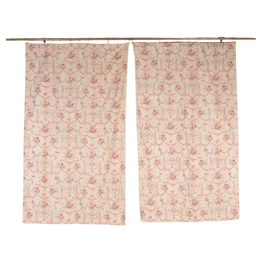 Large Set of 19th Century French Roses & Birds Linen Cotton Curtains For Sale
